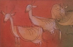 Capre, Tecnica mista su carta, Marrone, Rosso di Modern Artist "In magazzino"