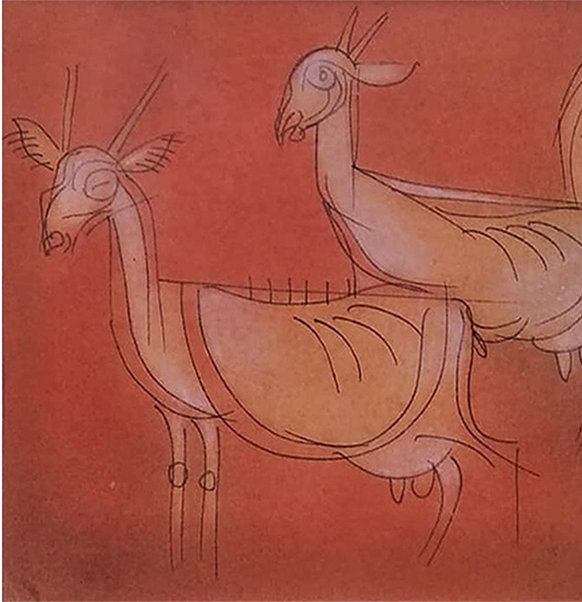Cabras, Técnica mixta sobre papel, Marrón, Rojo by Modern Artist 