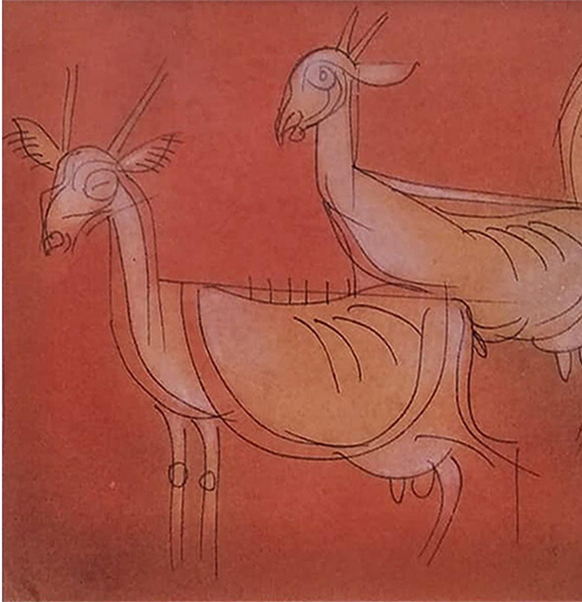 Goats, Mixed Media on paper, Brown, Red by Modern Artist