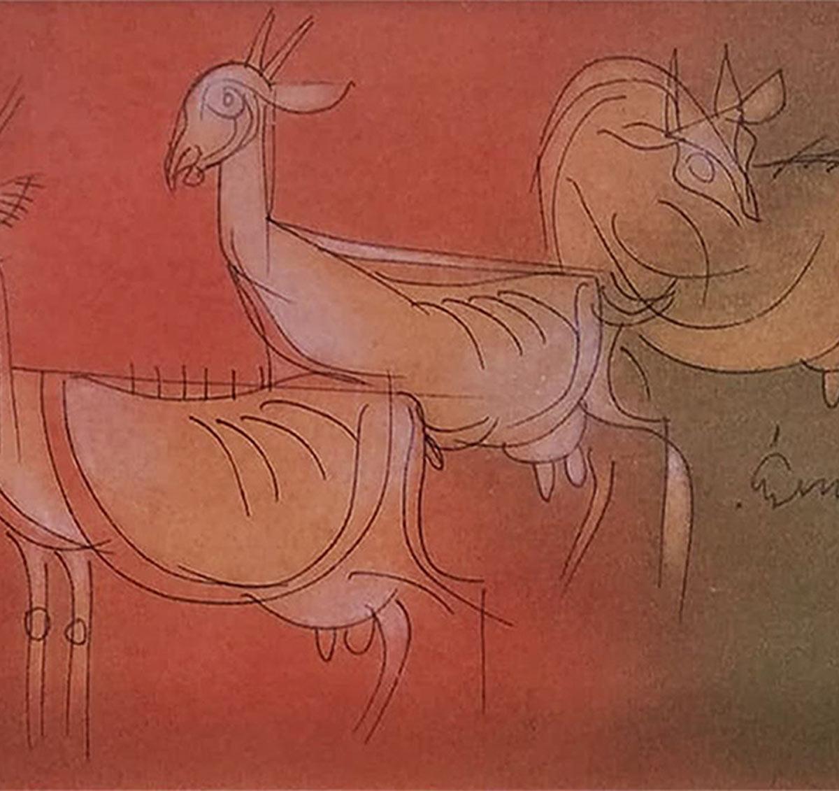 Goats, Mixed Media on paper, Brown, Red by Modern Artist