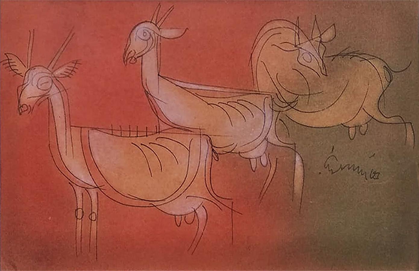 Goats, Mixed Media on paper, Brown, Red by Modern Artist"In Stock" - Mixed Media Art by Ramananda Bandopadhayay