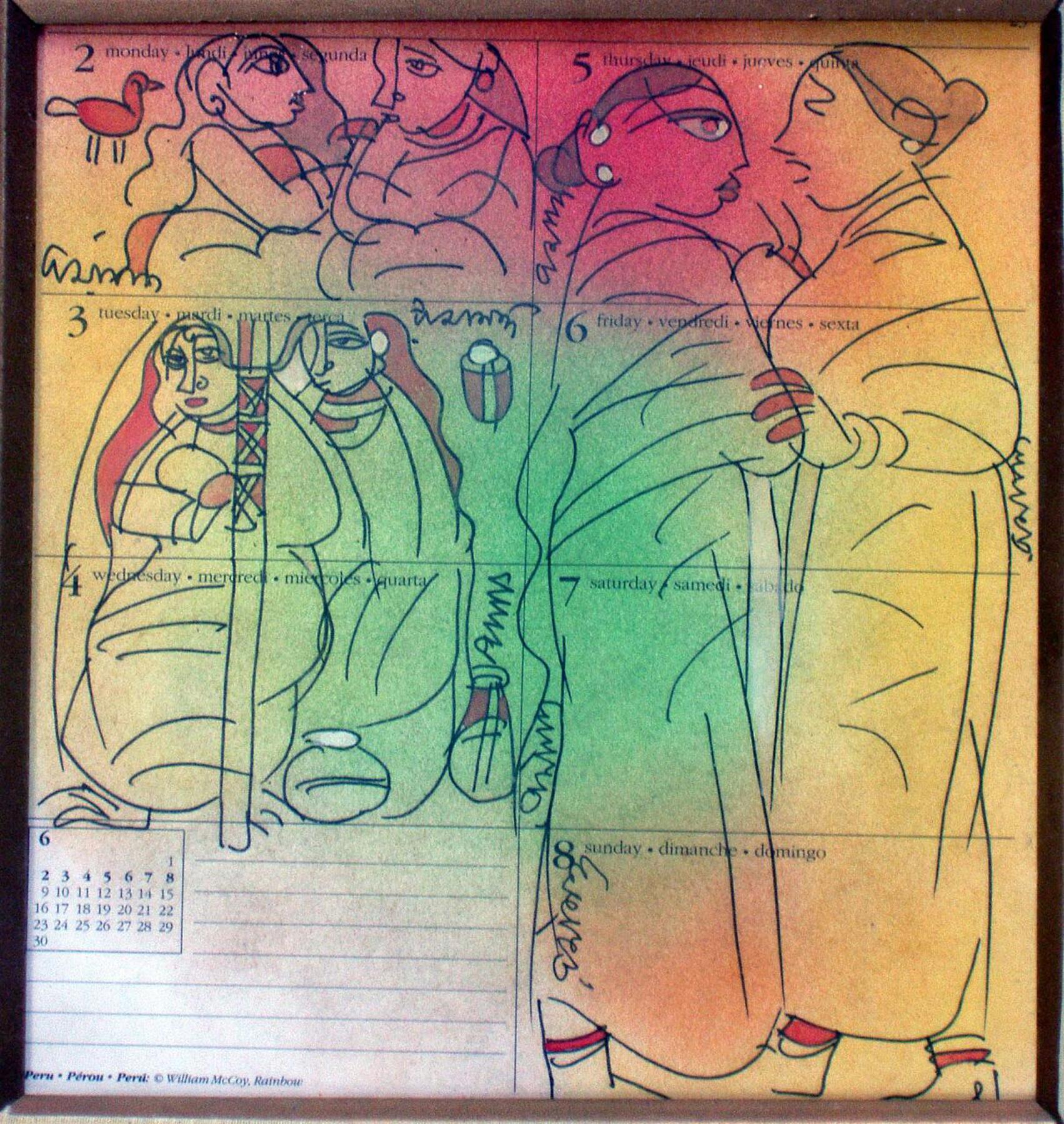 Gossiping woman, Mixed Media in green, red, yellow by student of Nandalal Bose - Mixed Media Art by Ramananda Bandopadhayay