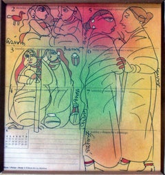Gossiping woman, Mixed Media in green, red, yellow by student of Nandalal Bose