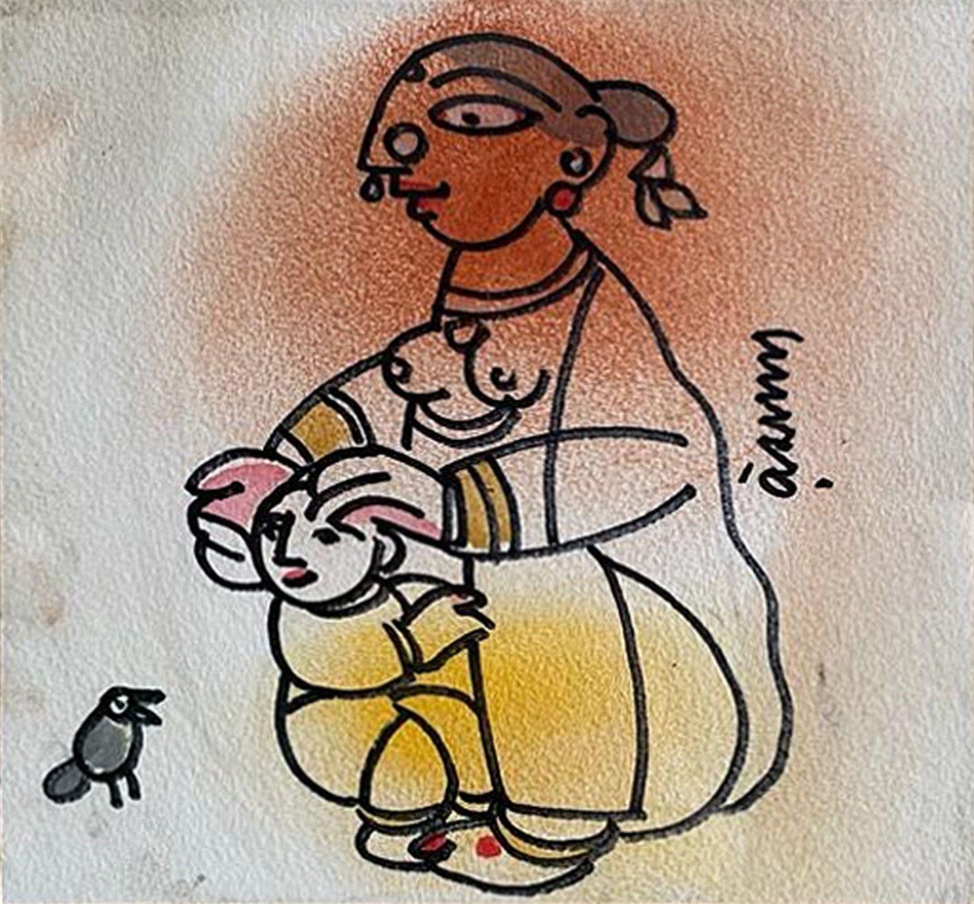 Mutter mit Kind, Mixed Media auf Papier, von moderner indischer Künstlerin, „In Stock“ – Mixed Media Art von Ramananda Bandopadhayay