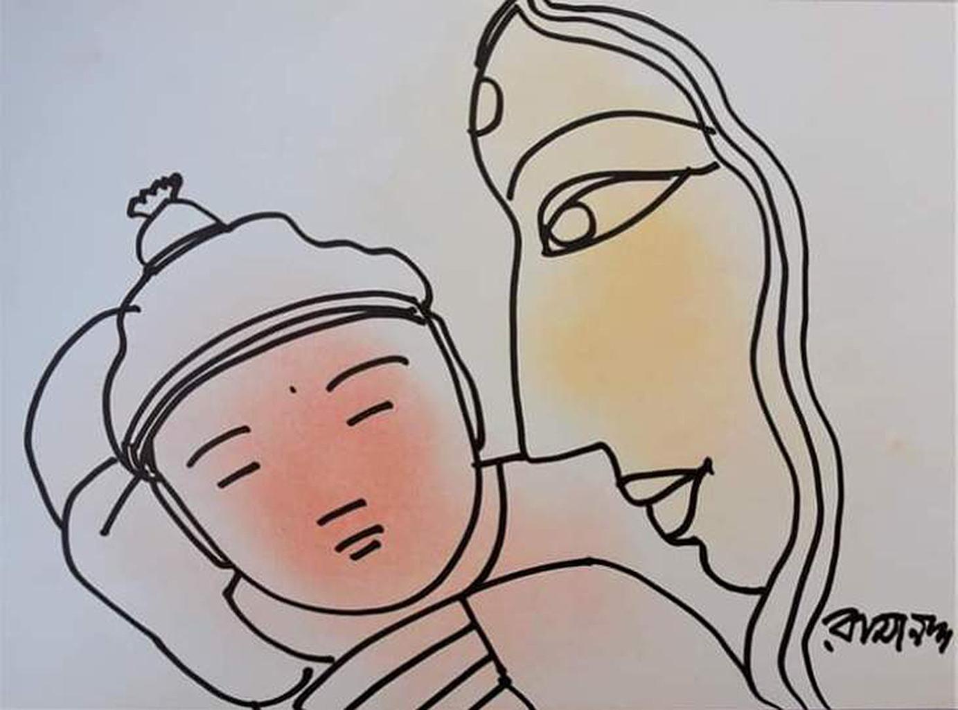 Mother & Child, Pastel & Ink on Paper by Modern Artist "In Stock" - Mixed Media Art by Ramananda Bandopadhayay