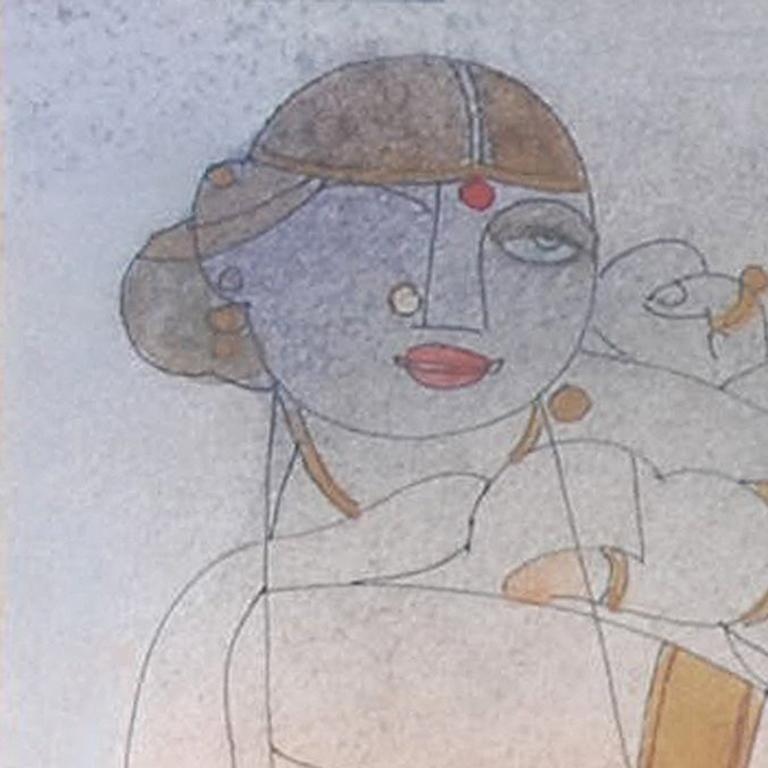 Saheli, Mischtechnik, Braun, Orange, Rot von Student of Nandalal Bose „In Lager“ (Moderne), Mixed Media Art, von Ramananda Bandopadhayay