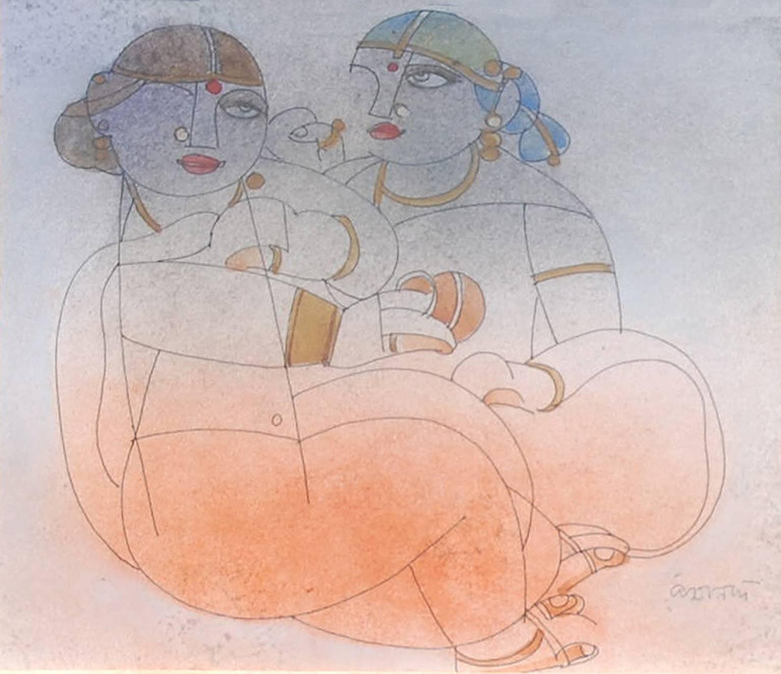 Saheli, Mischtechnik, Braun, Orange, Rot von Student of Nandalal Bose „In Lager“