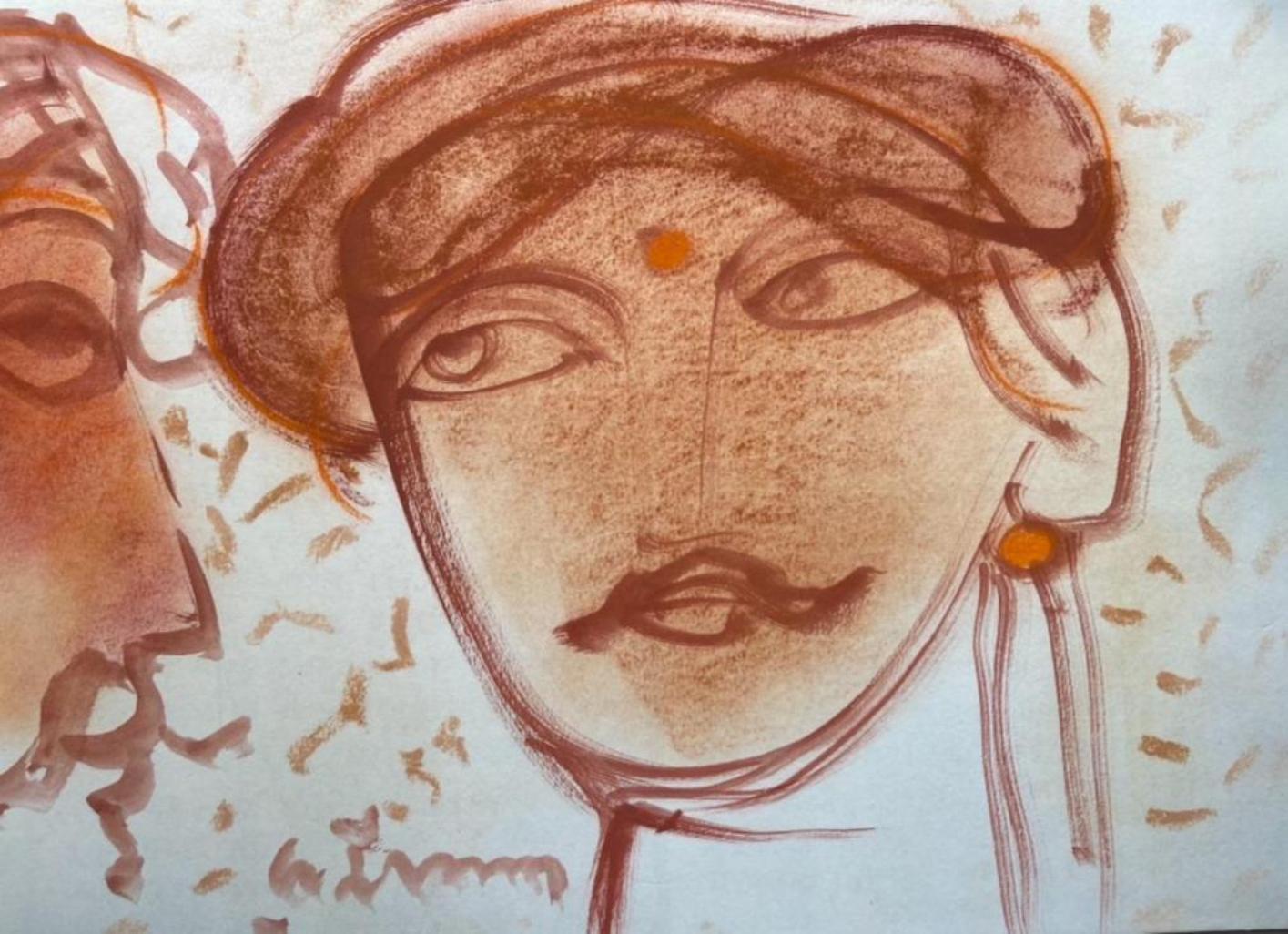 Sans titre, pastel et encre sur papier, de l'artiste indien moderne « En stock » - Mixed Media Art de Ramananda Bandopadhayay