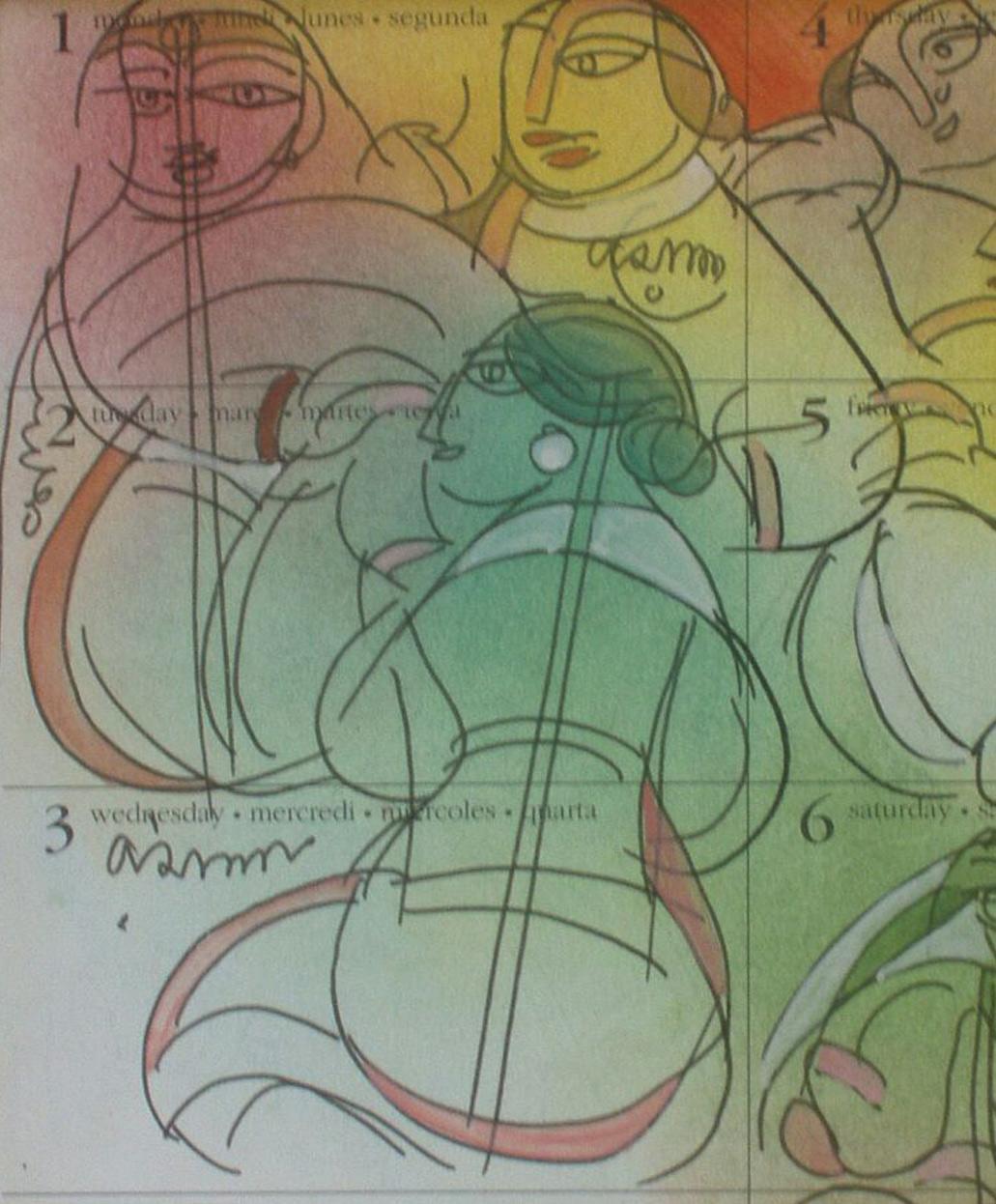 Saheli, interagente, MixedMedia in verde, rosso, giallo di un allievo di Nandalal Bose - Mixed Media Art Moderno di Ramananda Bandopadhayay