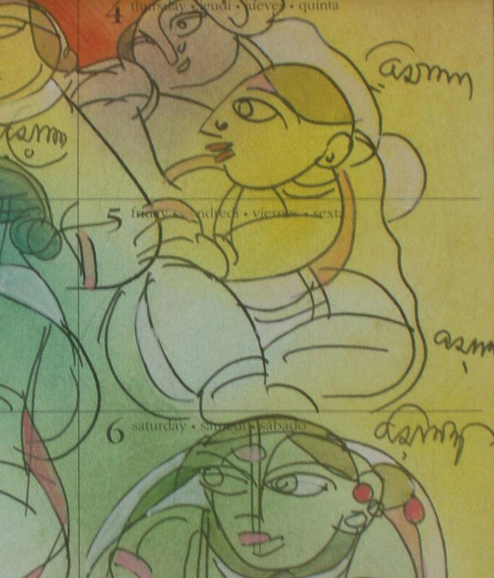 Saheli, interagente, MixedMedia in verde, rosso, giallo di un allievo di Nandalal Bose in vendita 1