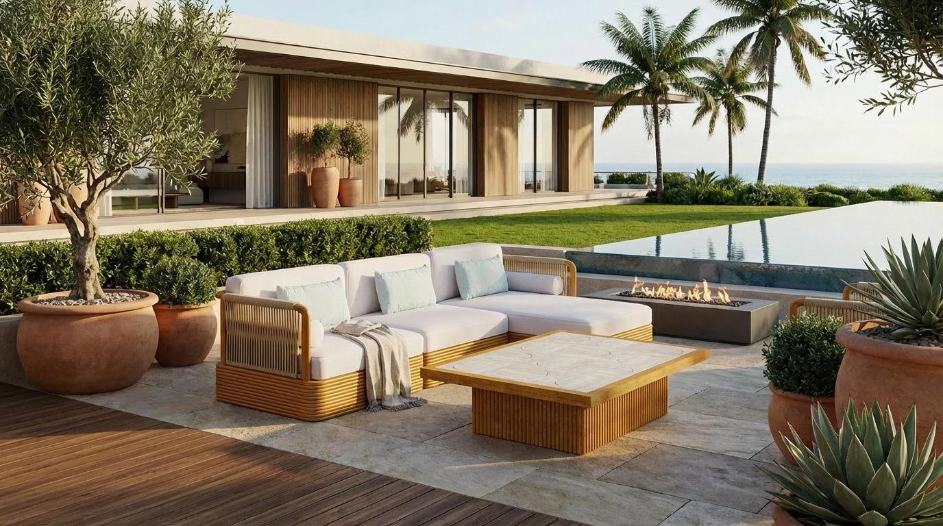 Sofá de exterior Ramatuelle de madera de iroko con respaldo de cuerda en venta 2