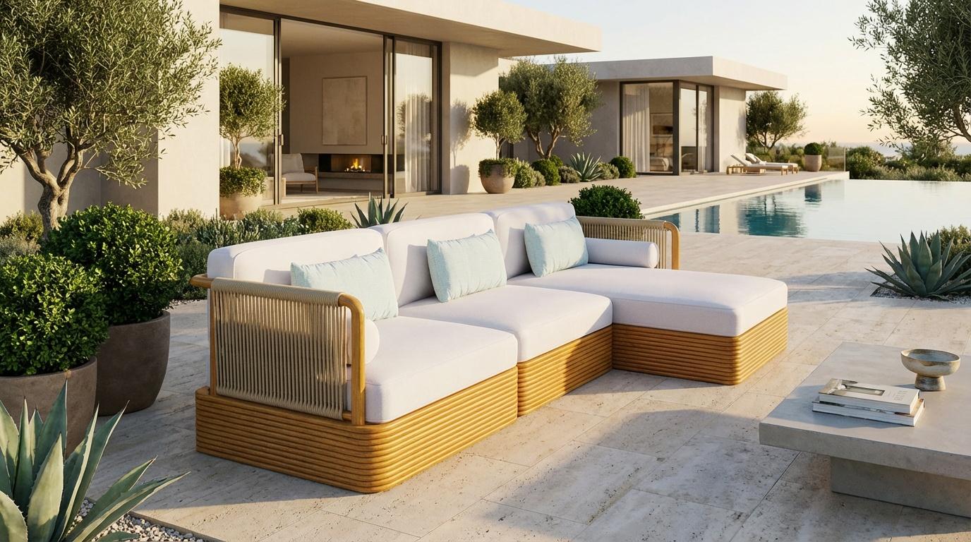 Sofá de exterior Ramatuelle de madera de iroko con respaldo de cuerda Moderno en venta