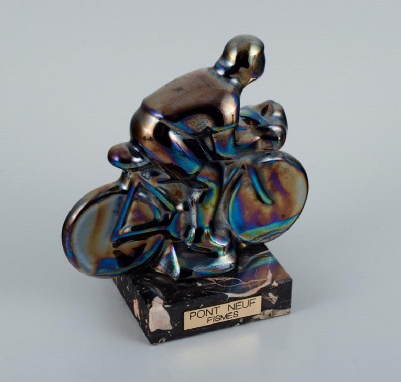 Glazed Rambervillers, French Ceramic Sculpture in the Form of a Cyclist For Sale