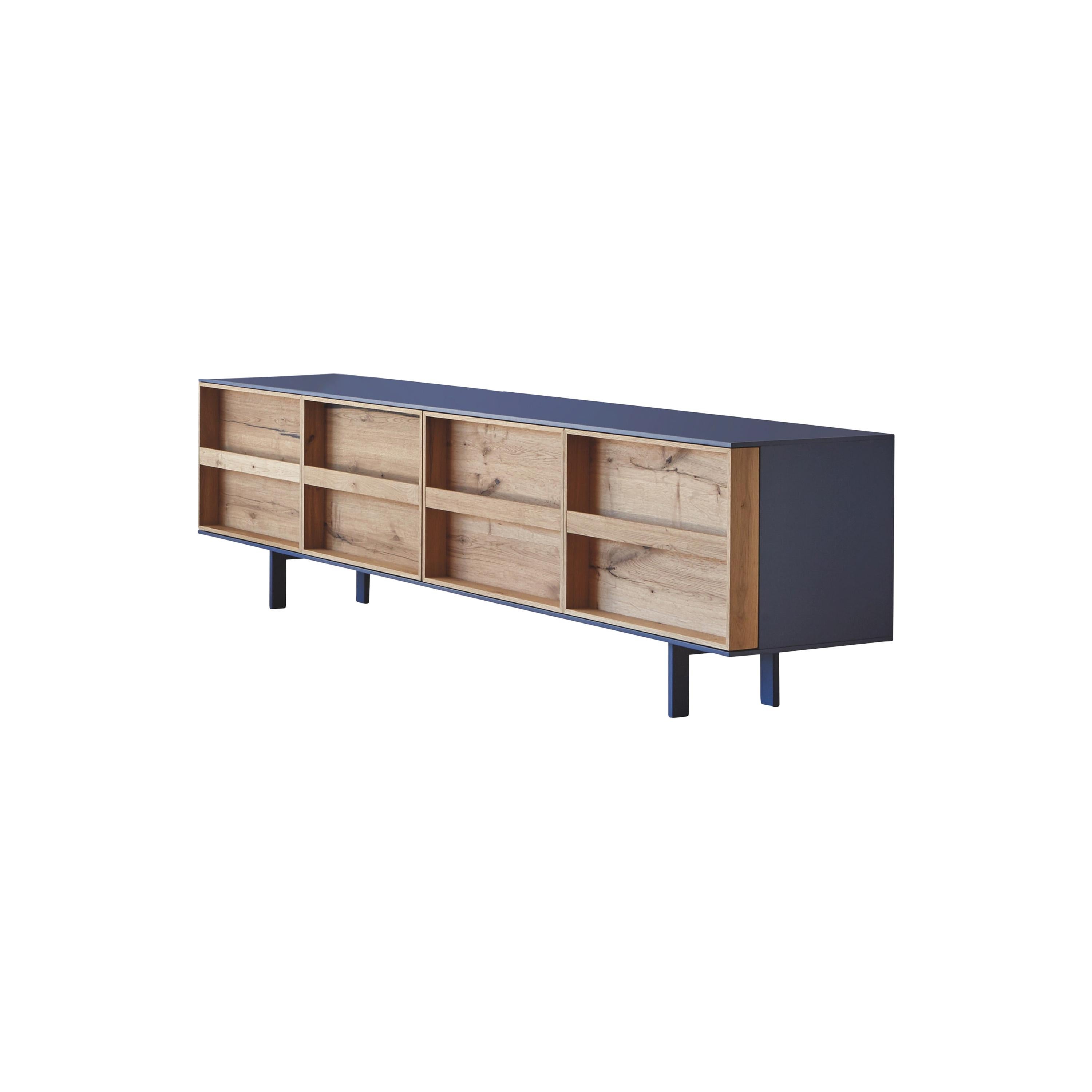 Brown (Vintage Oak) Ramblas Large Sideboard in Lacquered Intense Blue, by E-GGS