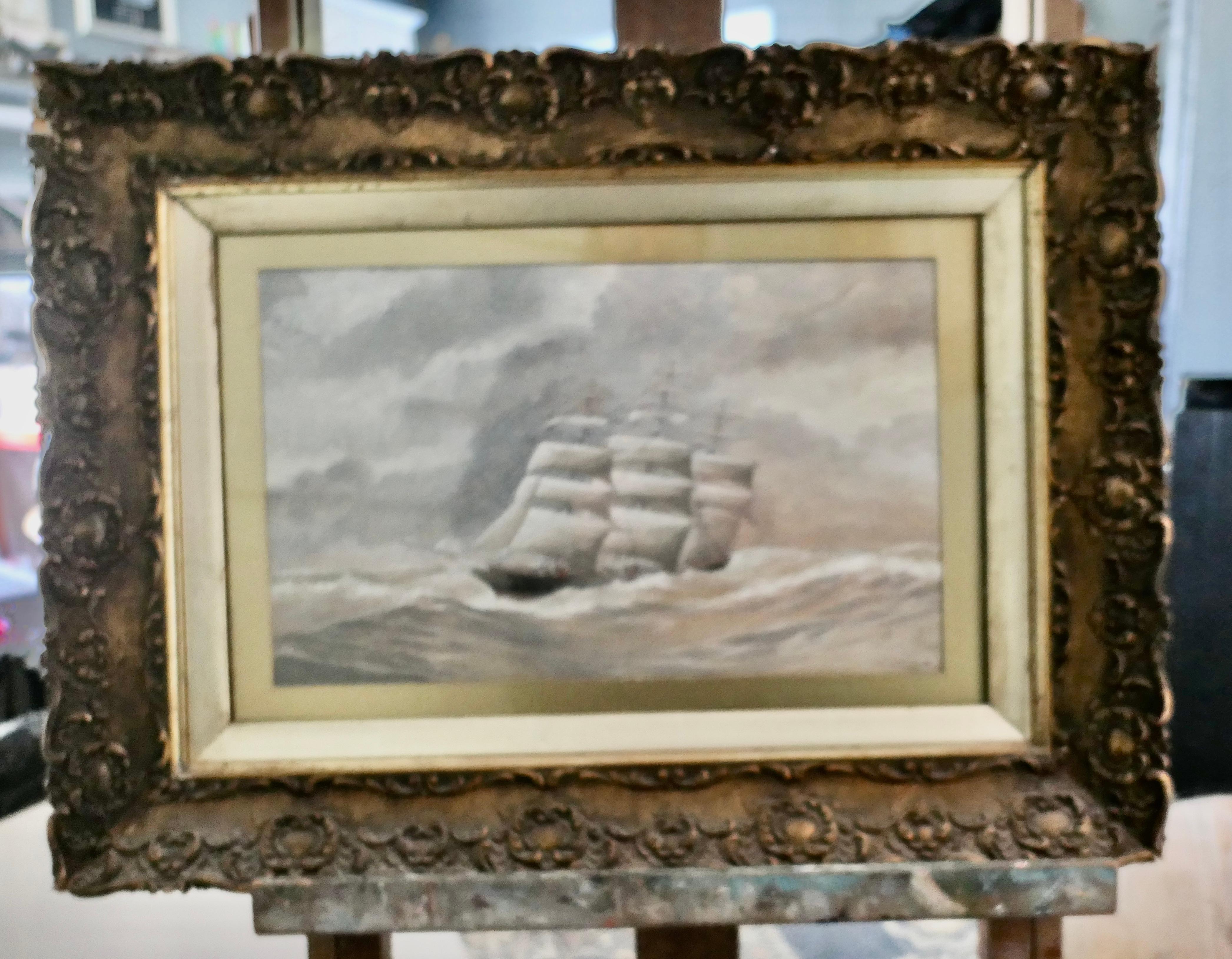 Framed and Glazed Watercolour of the Cutty Sark by G.S.Campbel 1956 Whitstable 

A lovely representation of a much loved Ship, set in an old deeply moulded decorative 4” wide gesso frame

The frame is 19” x 26”
WE184
