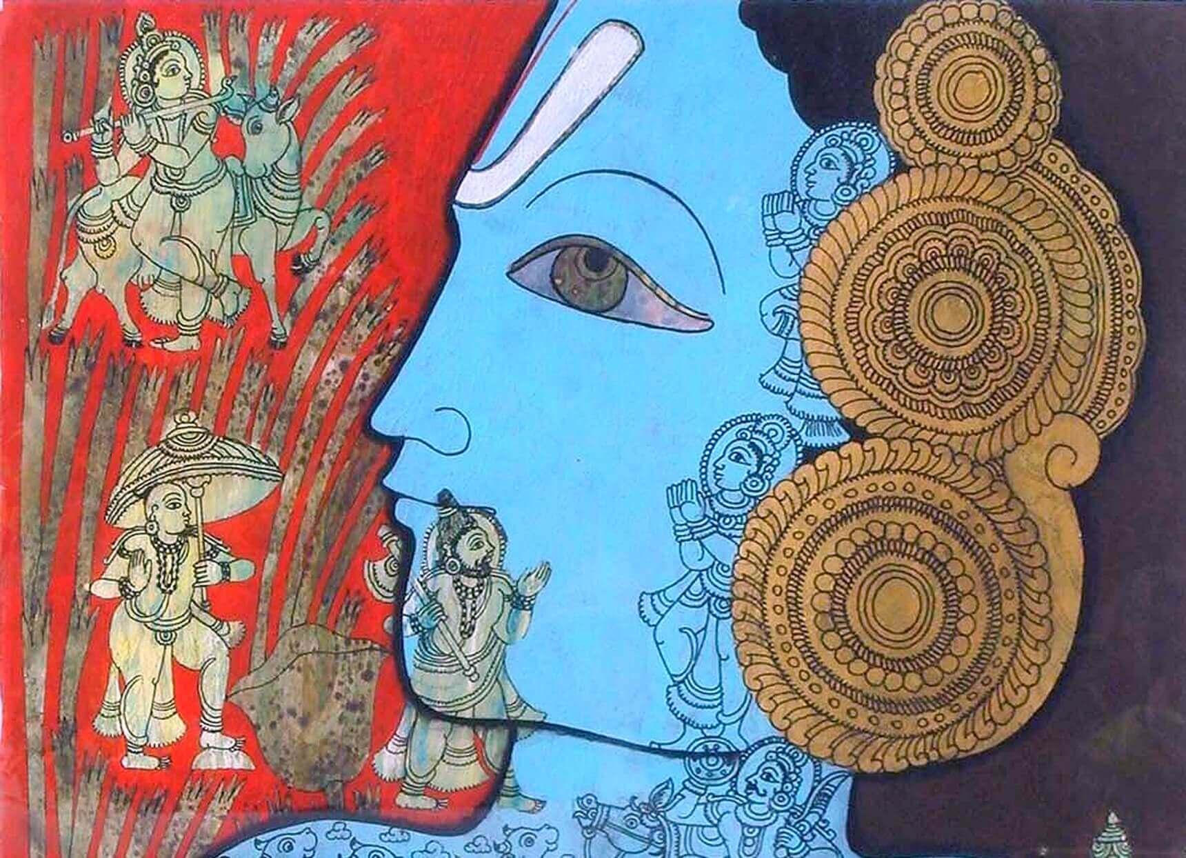 Vishnu, Technique mixte sur papier par l'artiste contemporain Ramesh Gorjala 