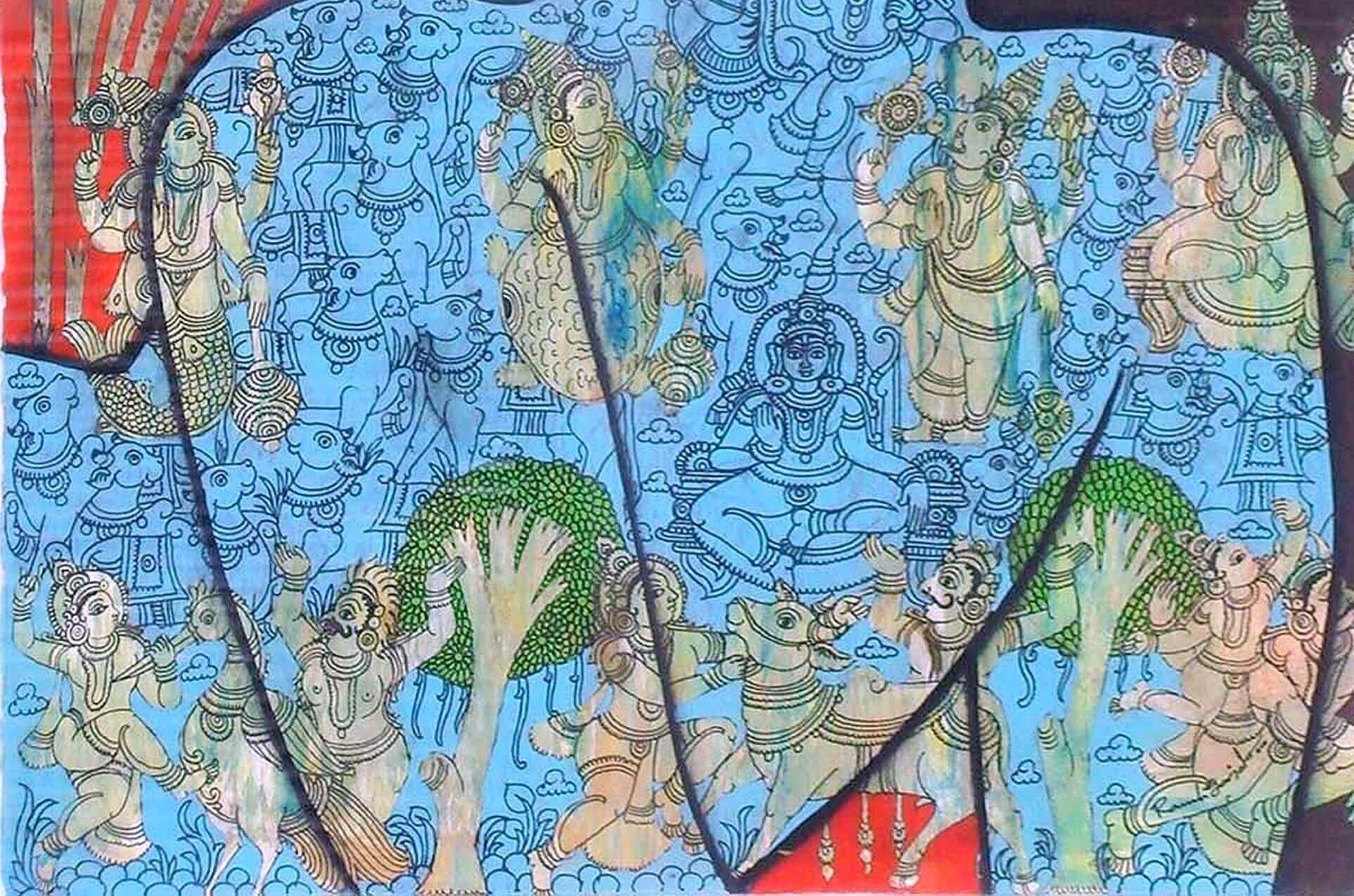 Vishnu, Technique mixte sur papier par l'artiste contemporain Ramesh Gorjala 