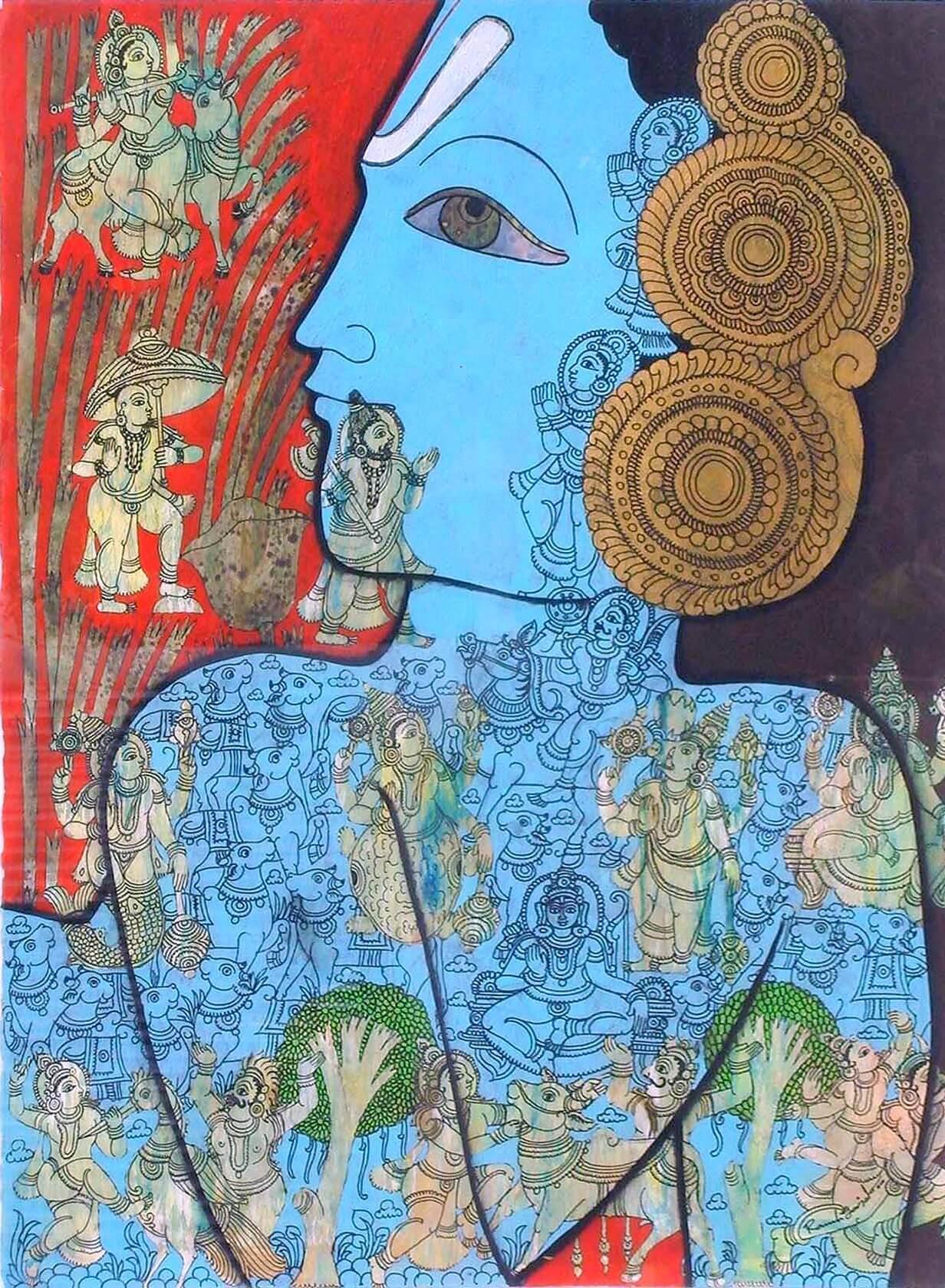 Vishnu, Mixed Media on Paper by Contemporary Ramesh Gorjala Artist “In Stock”