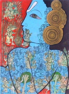 Vishnu, tecnica mista su carta dell'artista contemporaneo Ramesh Gorjala "In magazzino".