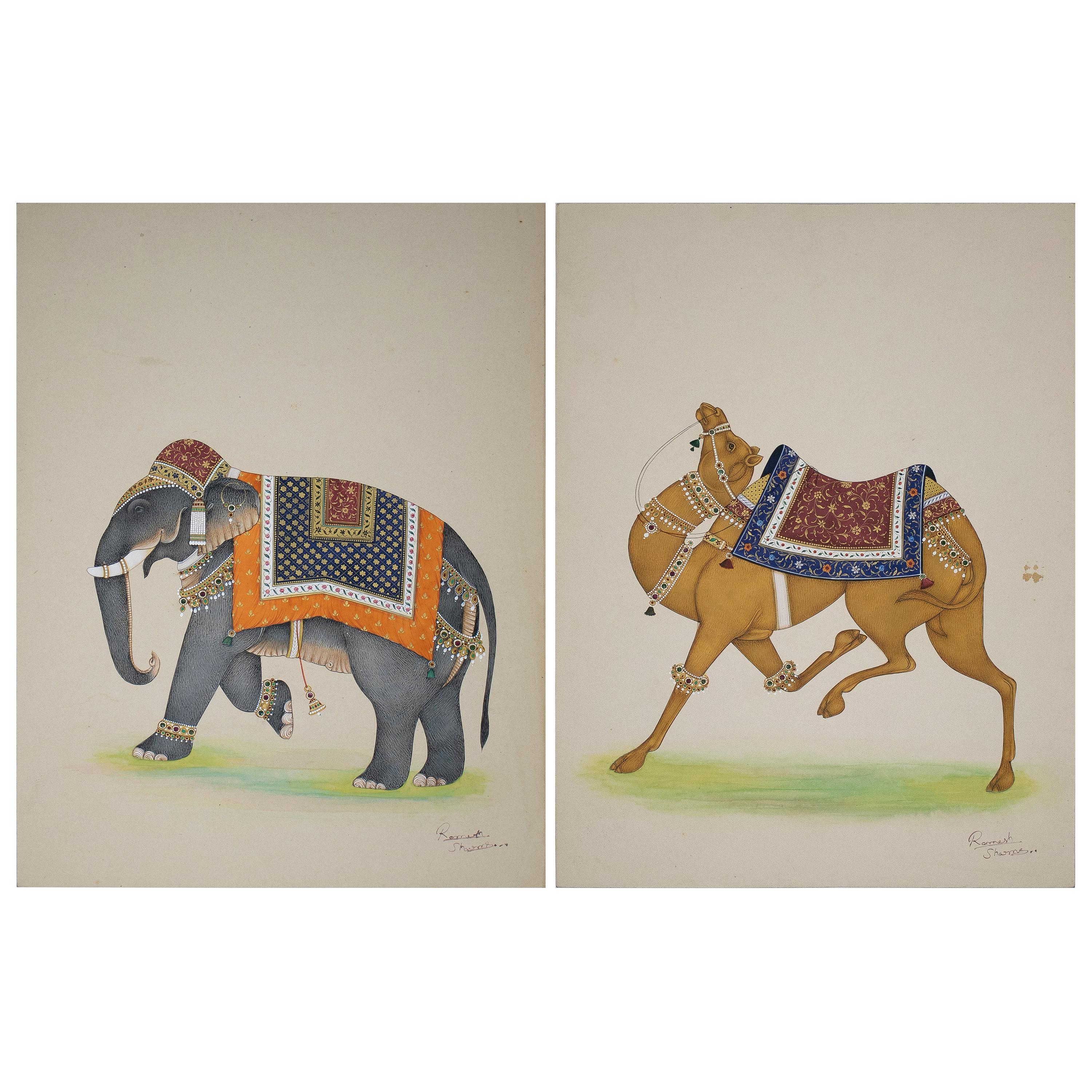 Ramesh Shames, Indian Pair of Elephant and Camel Paper Drawings, 1970s