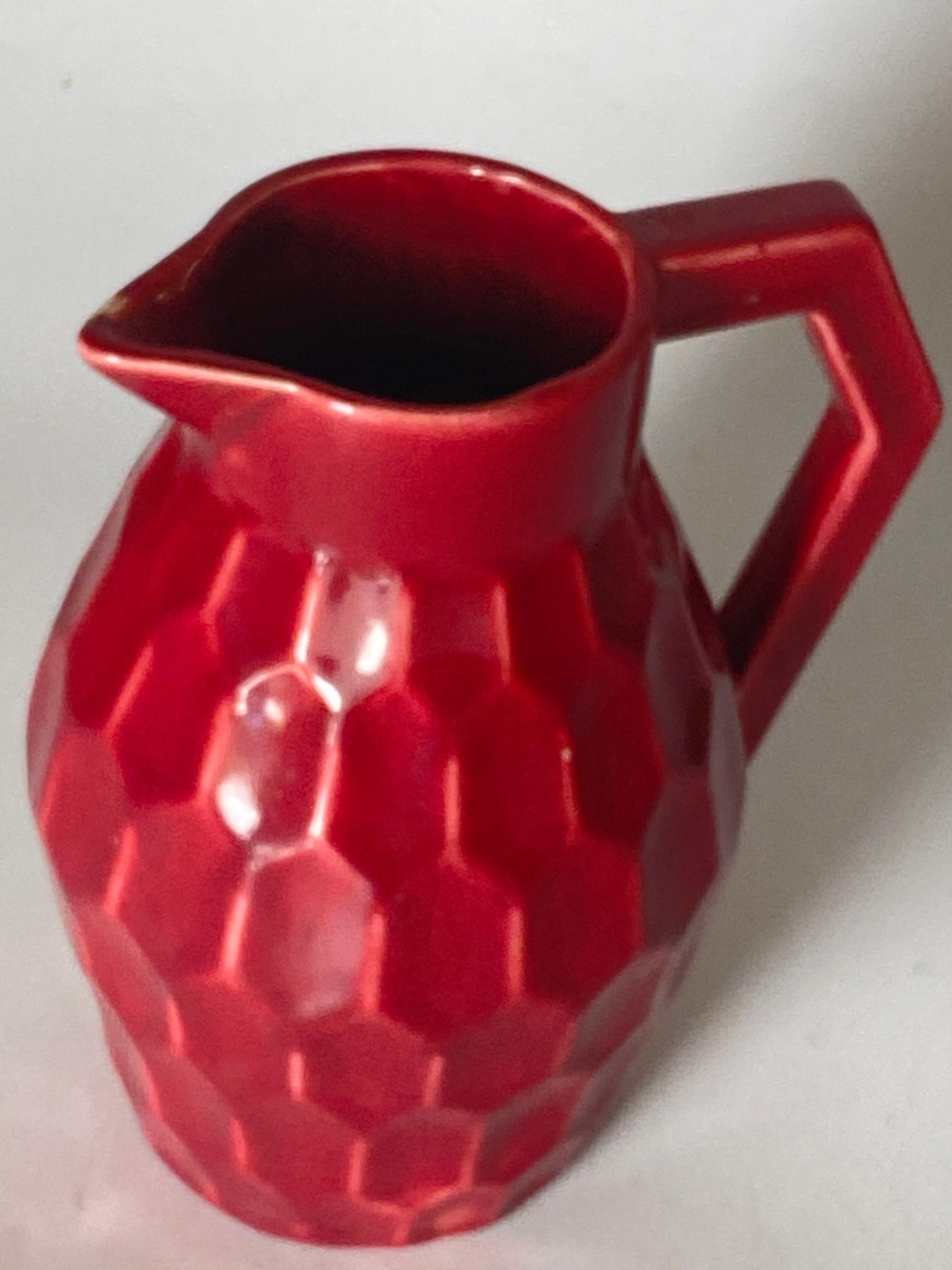 Mid-20th Century Ceramic Jug or Pitcher with Red Color Geometrical Pattern France, circa 1940 For Sale