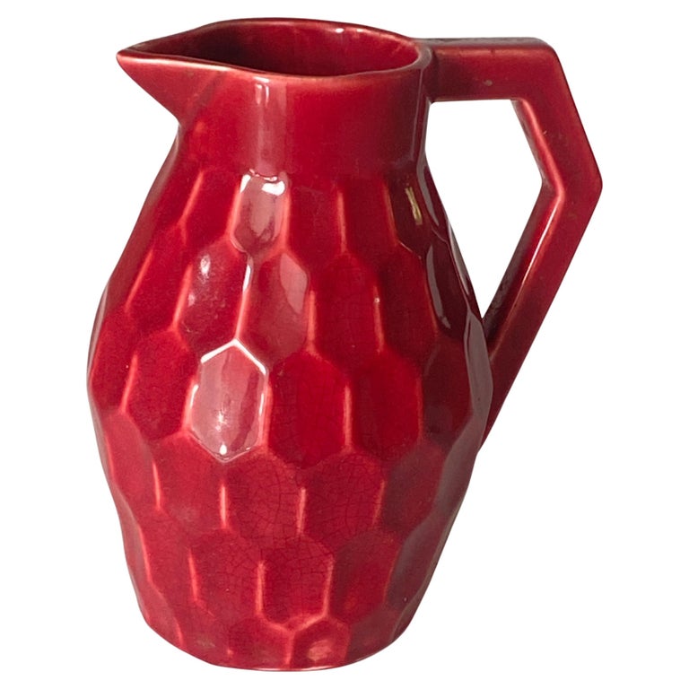 Ceramic Jug or Pitcher with Red Color Geometrical Pattern France, circa