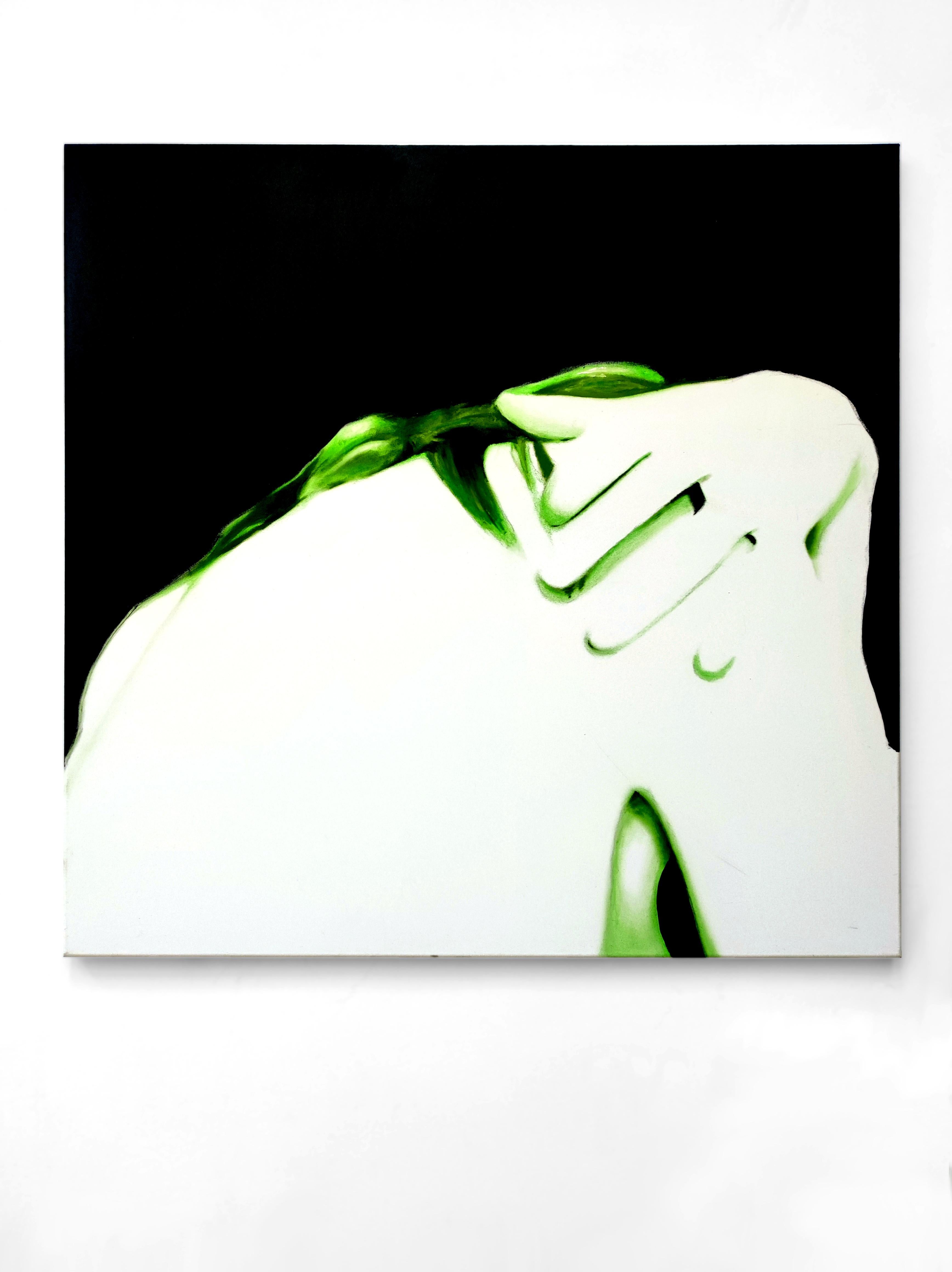 Oil Nude Painting by Emerging Contemporary Artist - Green Body - Gray Portrait Painting by Raminta S. R. Mint