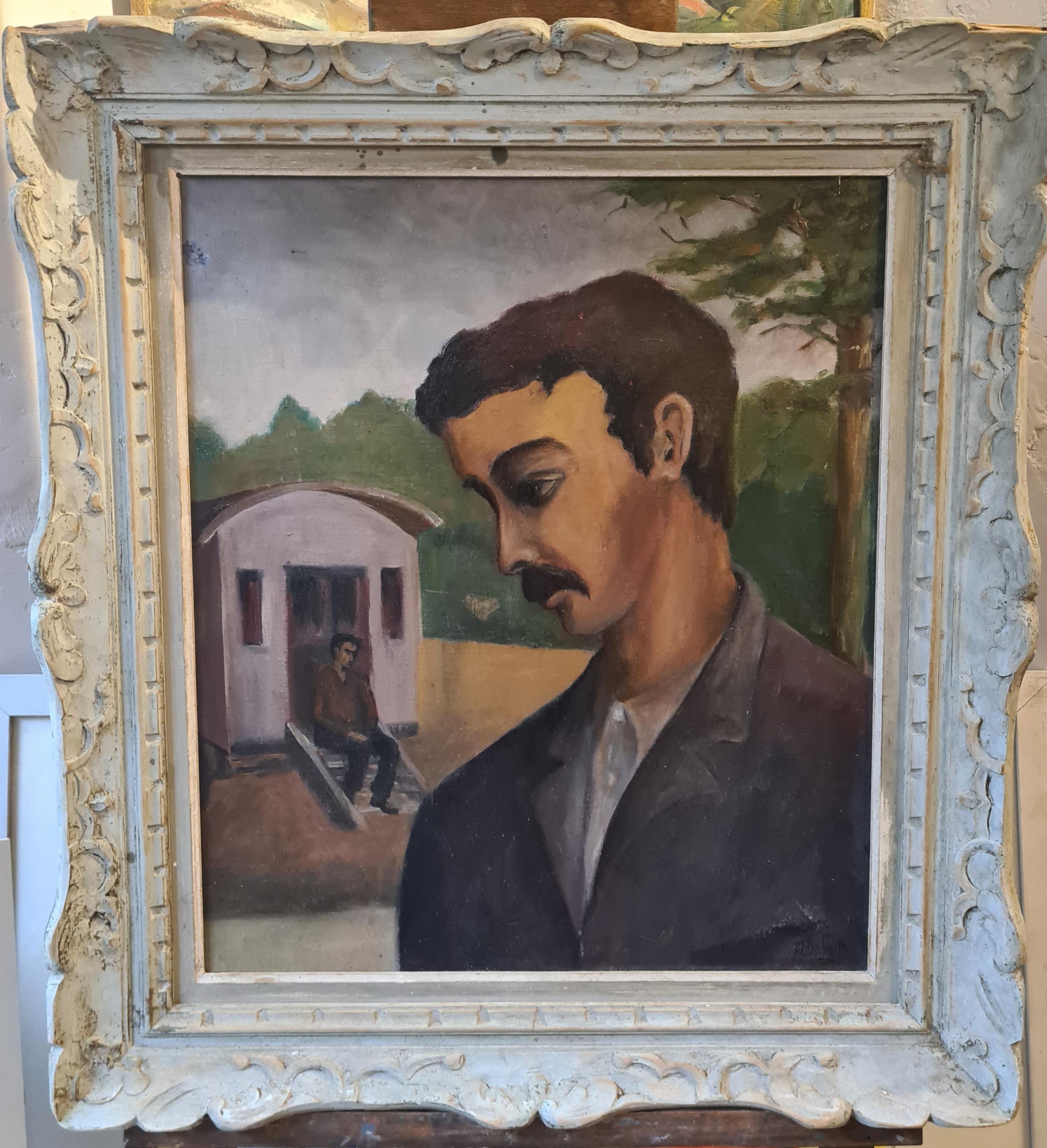 Figurative Expressionist portrait and scene of a travellers gypsy caravan. The painting is signed bottom right, Fayo (?) but further research is necessary for an attribution. Presented in a fine chip carved Montparnasse frame.

Provenance: from a