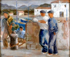 "Sailors on the Dock", 20th Century Oil on Cardboard by Artist Ramiro Arrue