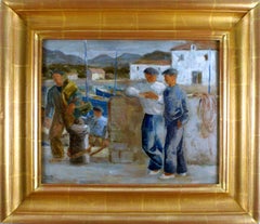 Vintage "Sailors on the Dock", 20th Century Oil on Cardboard by Artist Ramiro Arrue