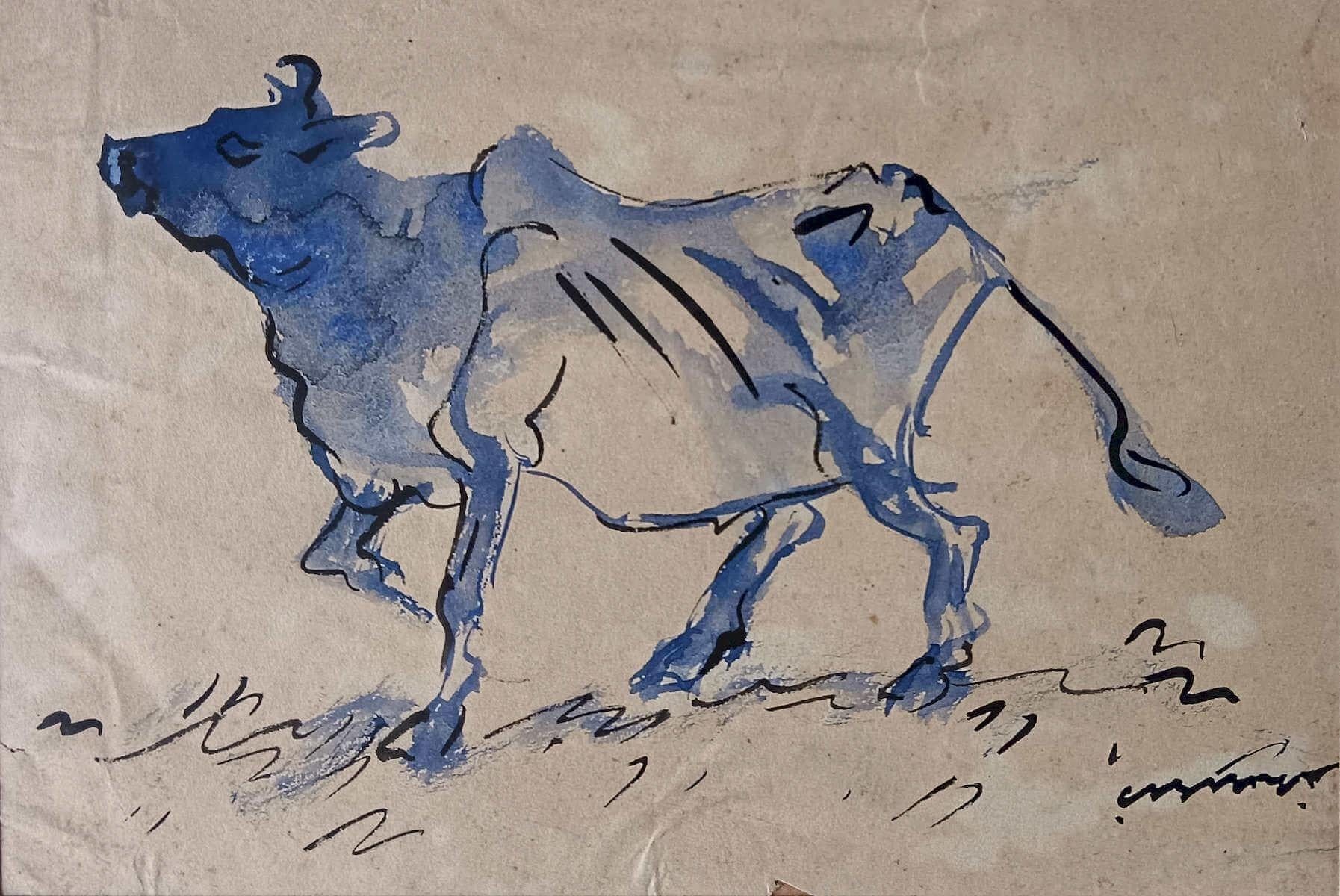 Untitled, Cow, Ink 
Brush on Paper by Modern Indian Ramkinkar Baij “In Stock”