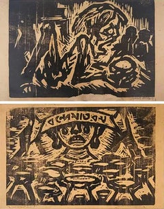 Ohne Titel, Linolschnitt auf Papier (Set von 2 Werken) von Ramkinkar Baij, auf Lager