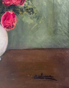 Ausdrucksstarkes rosa Blumenstillleben Katalanischer Modernist Öl auf Leinwand Gemälde