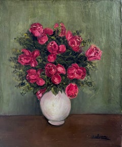 Ausdrucksstarkes rosa Blumenstillleben Katalanischer Modernist Öl auf Leinwand Gemälde