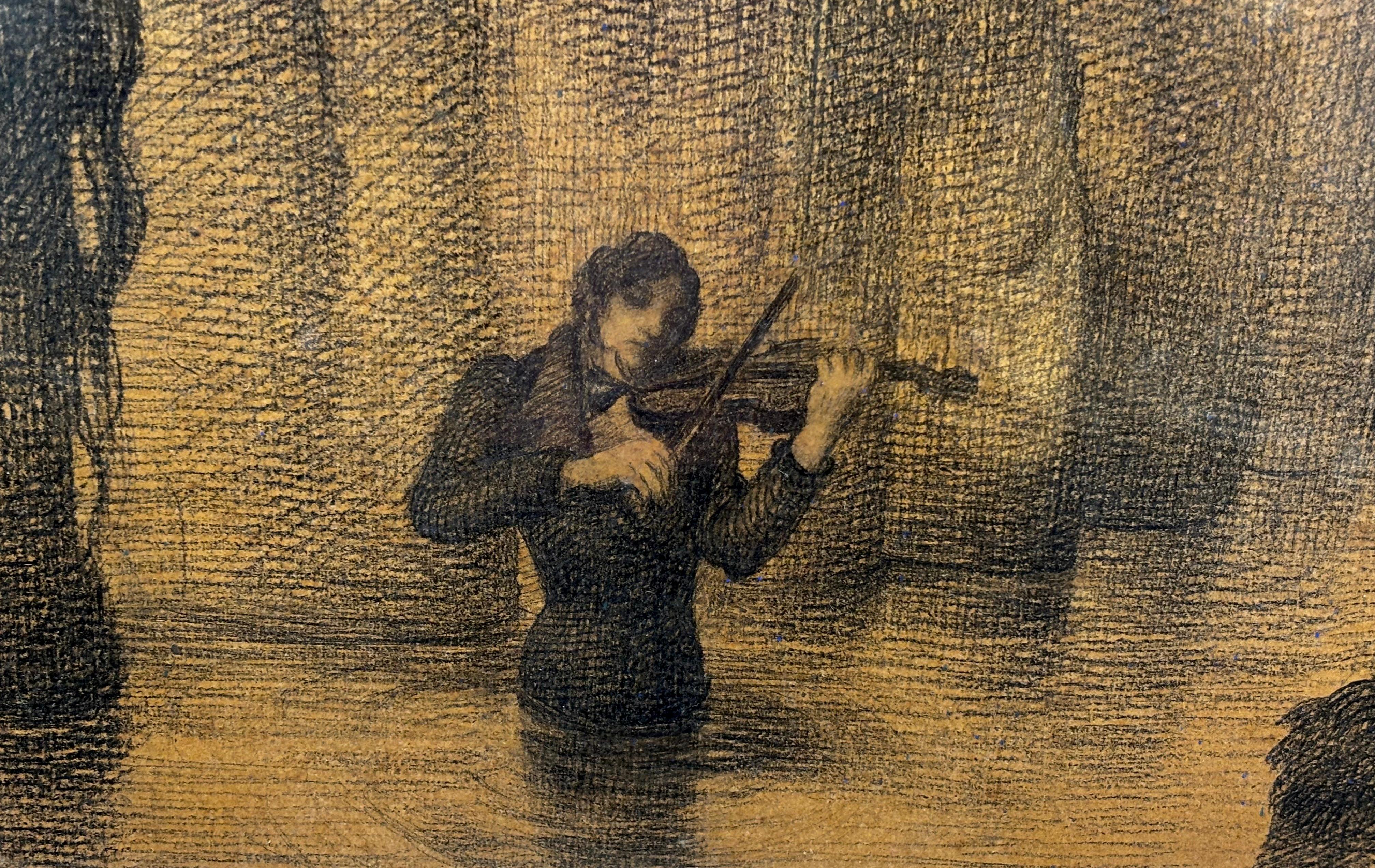 Violinista - Ramón Calsina - Dibujo a carbón sobre papel - Brown Figurative Painting by Ramón Calsina Baró