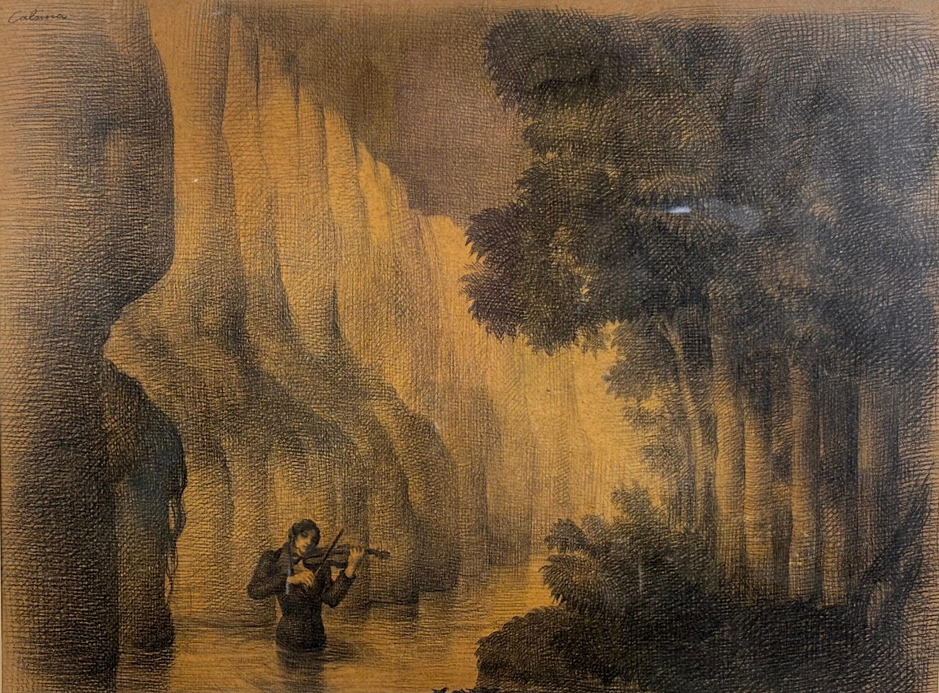 Ramón Calsina Baró Figurative Painting - Violinista - Ramón Calsina - Dibujo a carbón sobre papel