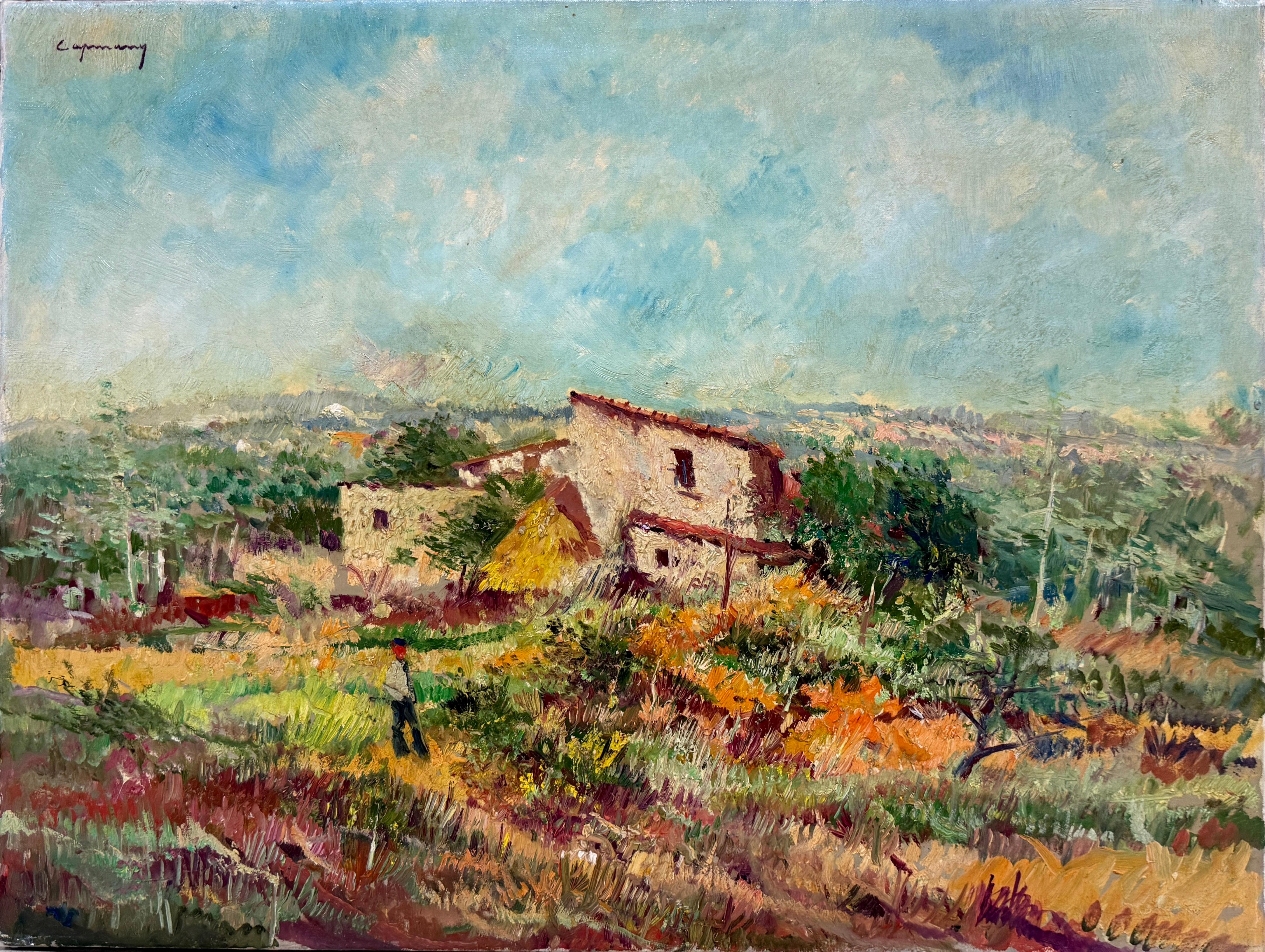 Postimpressionistisches Ölgemälde: Landschaft mit katalanischem Bauernhaus am Mittelmeer, Spanien