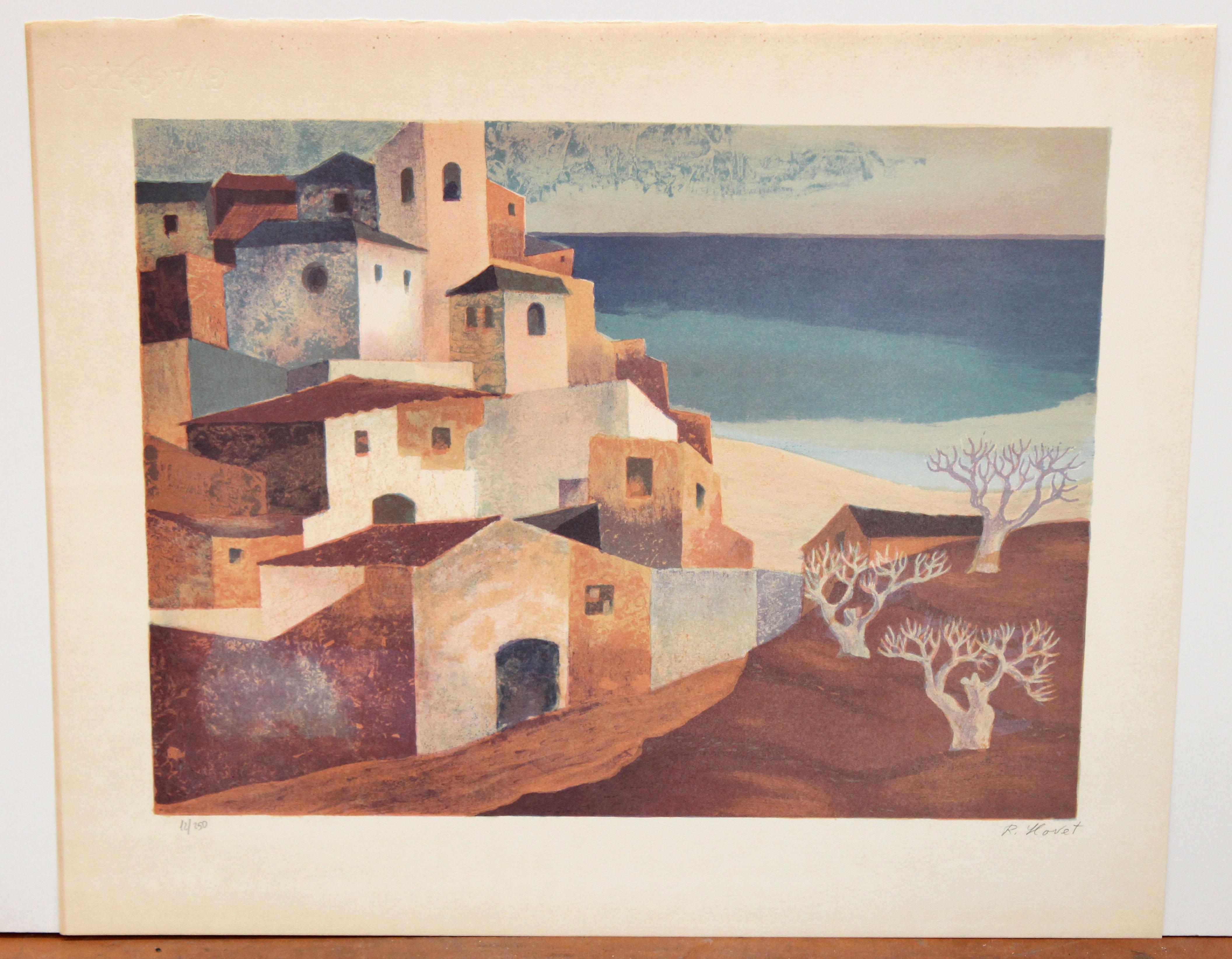 Litografia sobre papel - Casas junto al mediterráneo - Tiraje: 12/250 - Print de Ramón Llovet Miserol