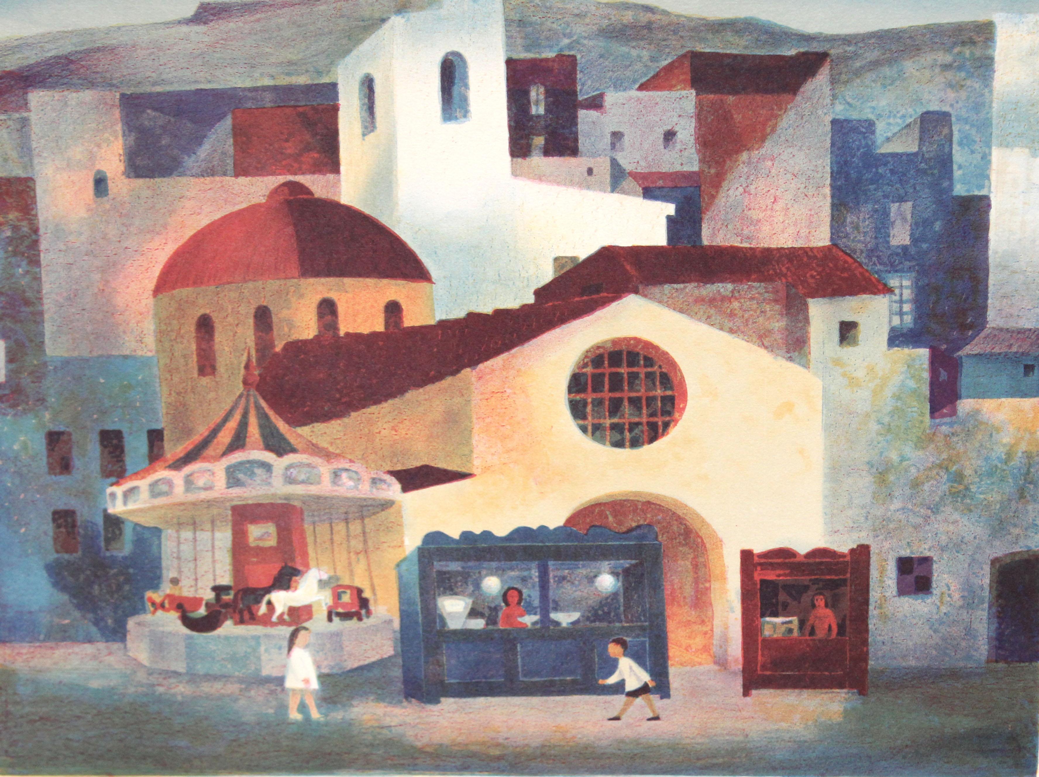 Landscape Print de Ramón Llovet Miserol - Litografia sobre papel - Día de feria - Tiraje: 13/250