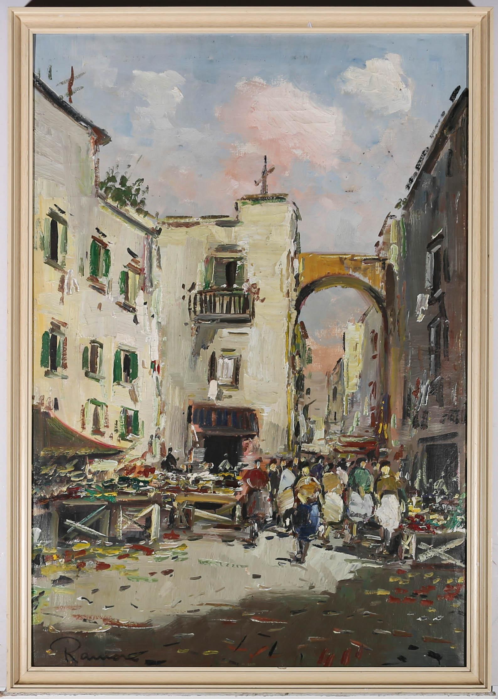 A bustling continental market scene in oil by the artist Ramon. Impressionistic blocks of colour capture the atmosphere of the day. Overflowing market stall arrangements and architectural elements have been painted with impasto details. People can