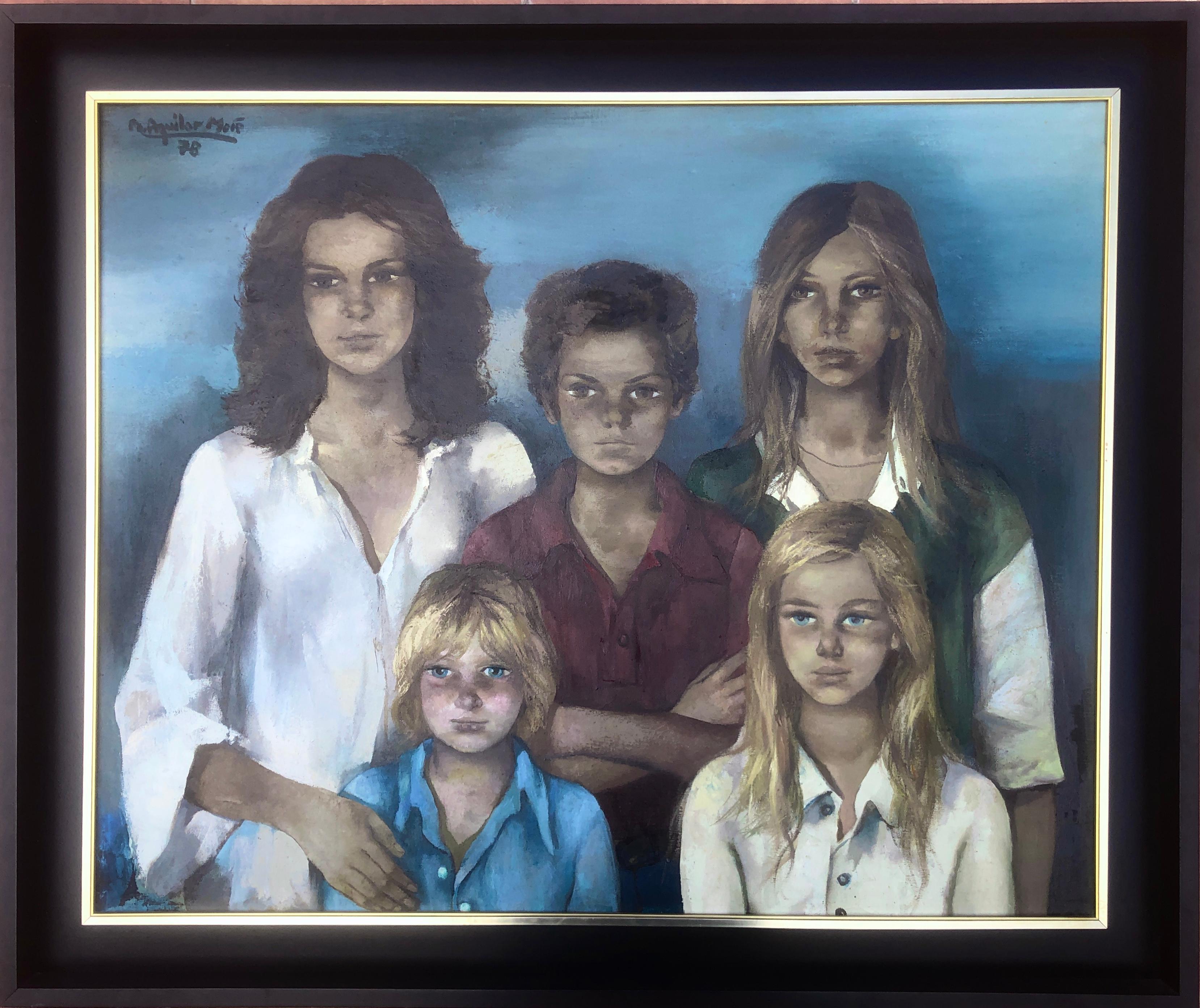 The sisters young women original oil on canvas painting - Painting by Ramón Aguilar Moré