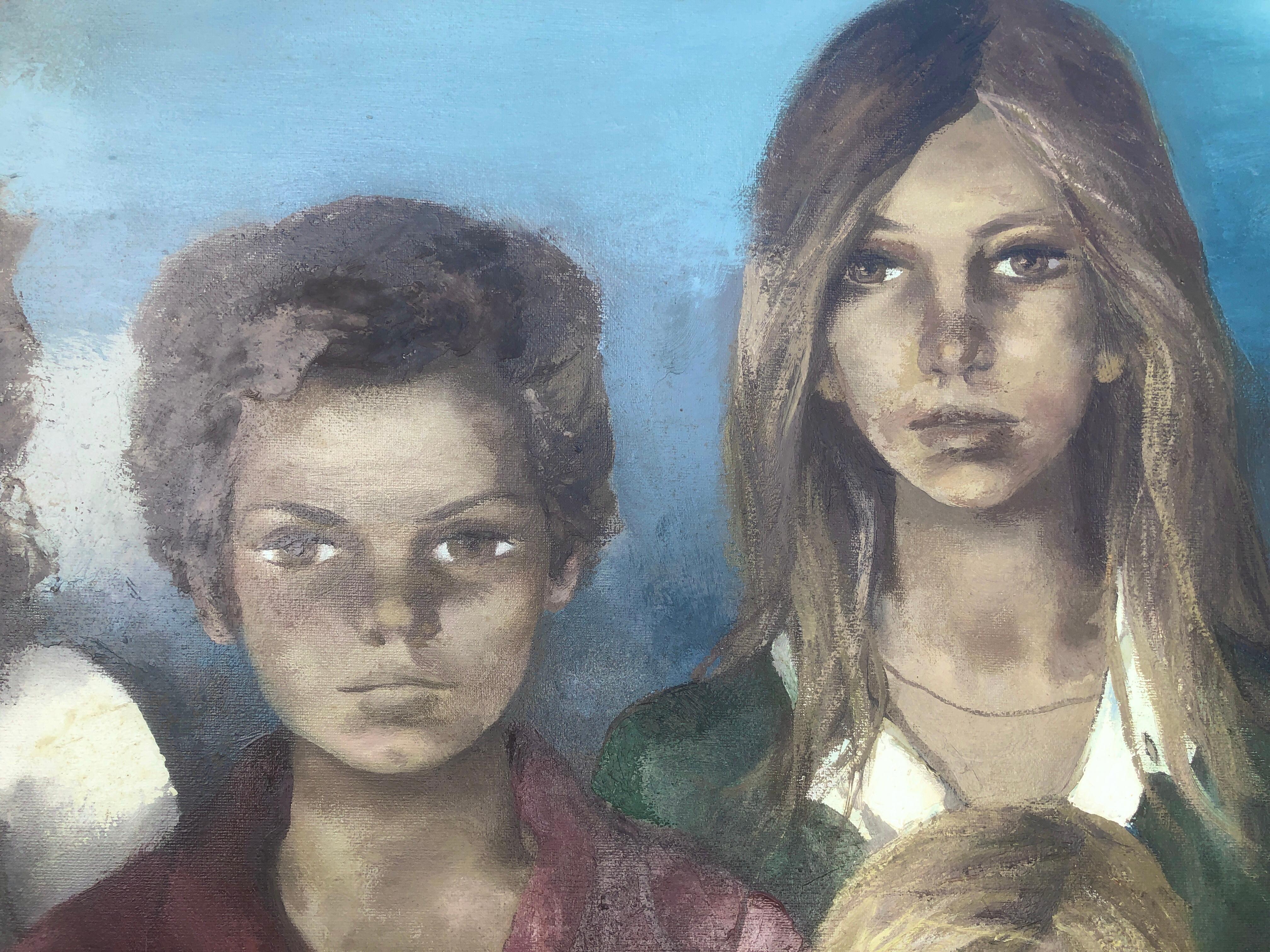 Originales Gemälde der Schwestern junger Frauen, Öl auf Leinwand im Angebot 2