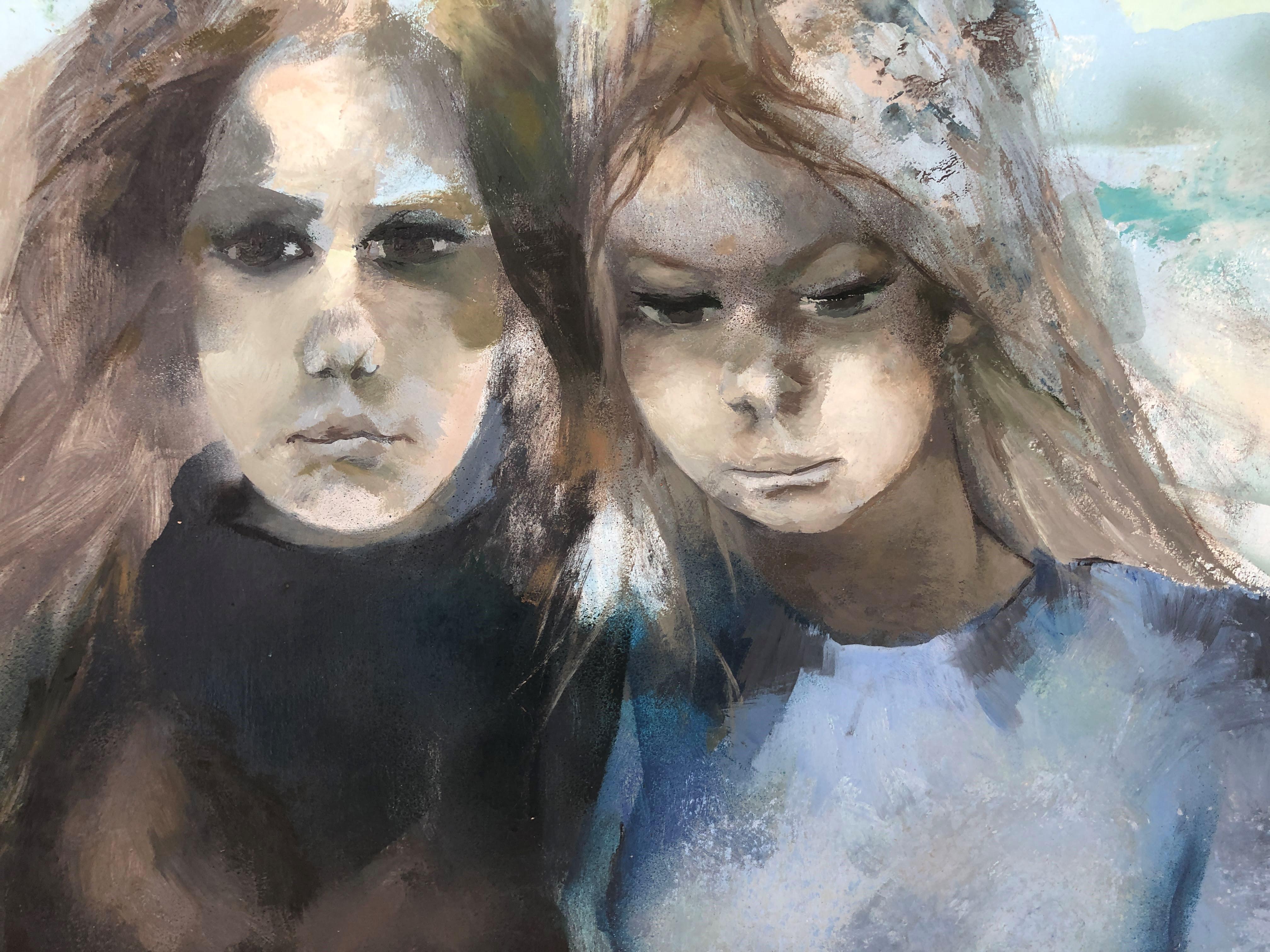 Two young women original acrylic on board painting c.1980  6