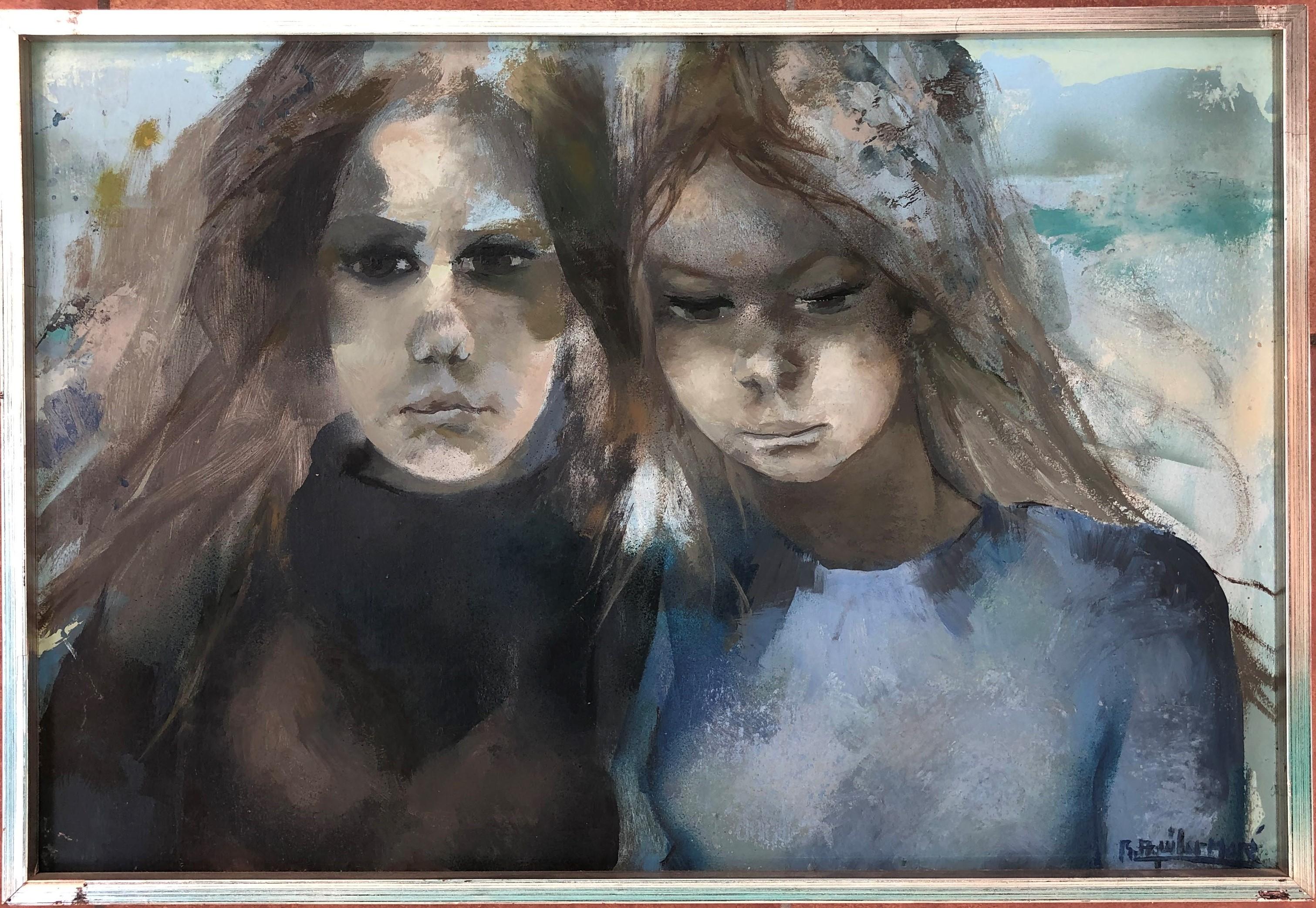 Two young women original acrylic on board painting c.1980  - Painting by Ramón Aguilar Moré