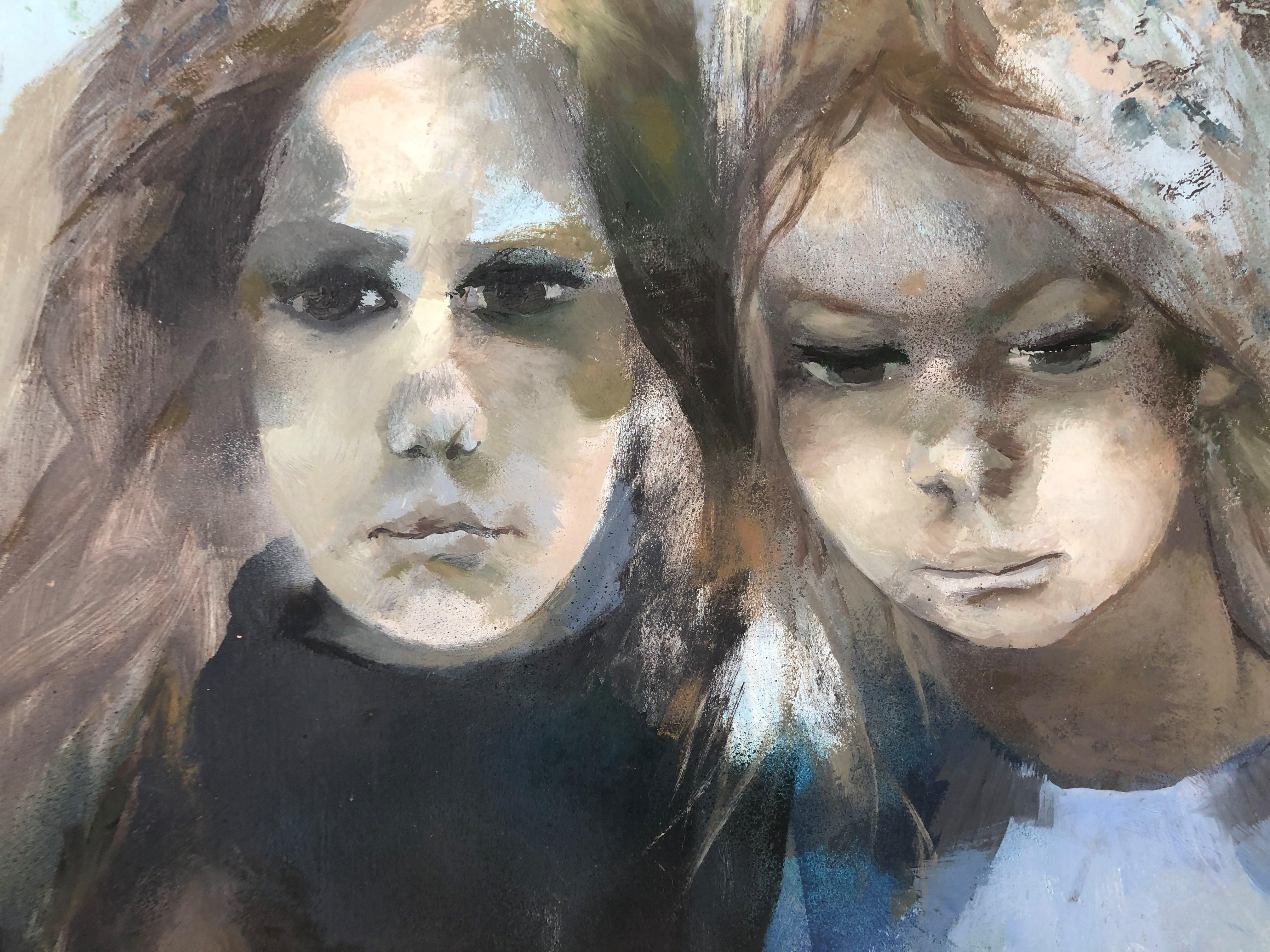 Two young women original acrylic on board painting c.1980  1