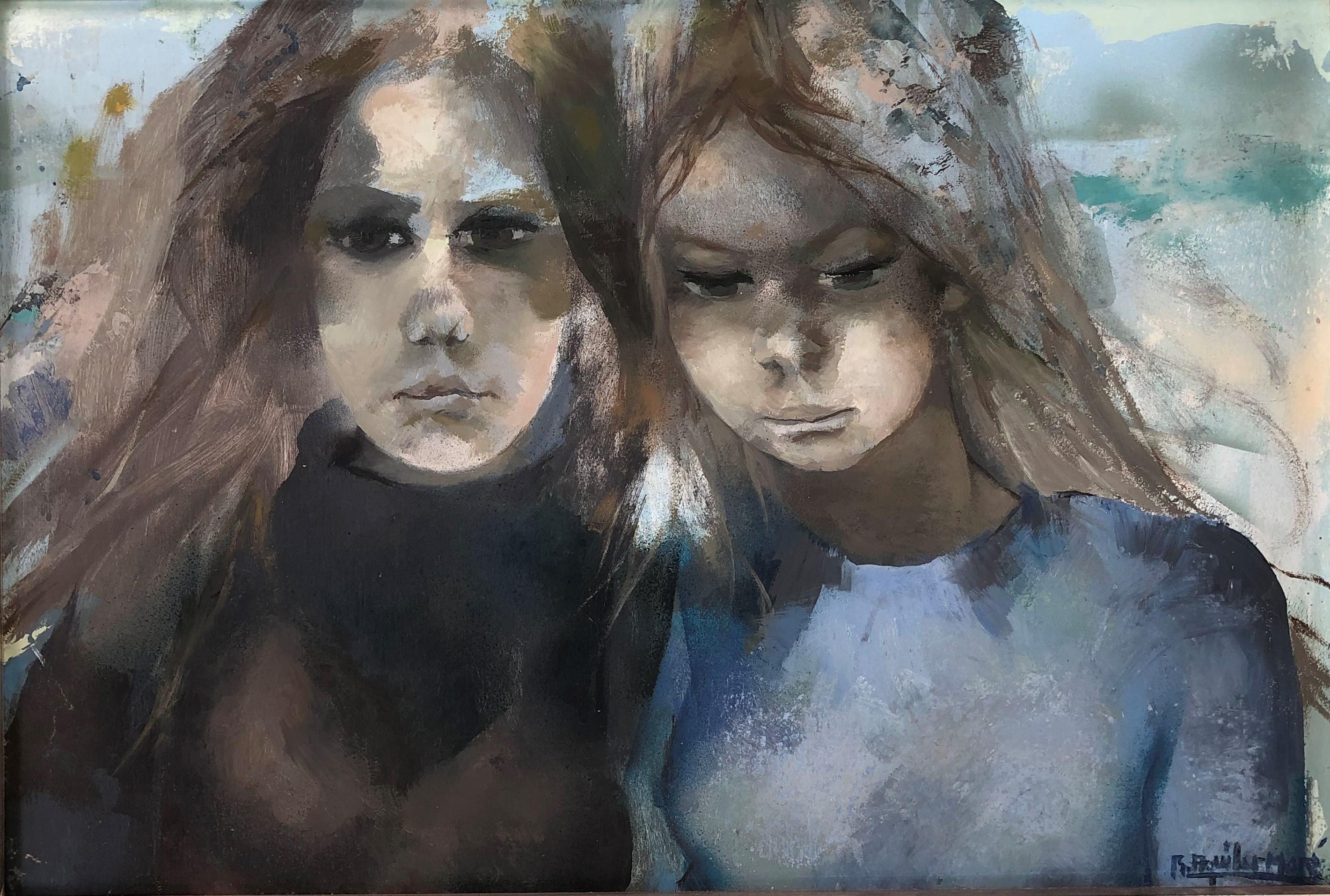 Ramón Aguilar Moré Portrait Painting - Two young women original acrylic on board painting c.1980 