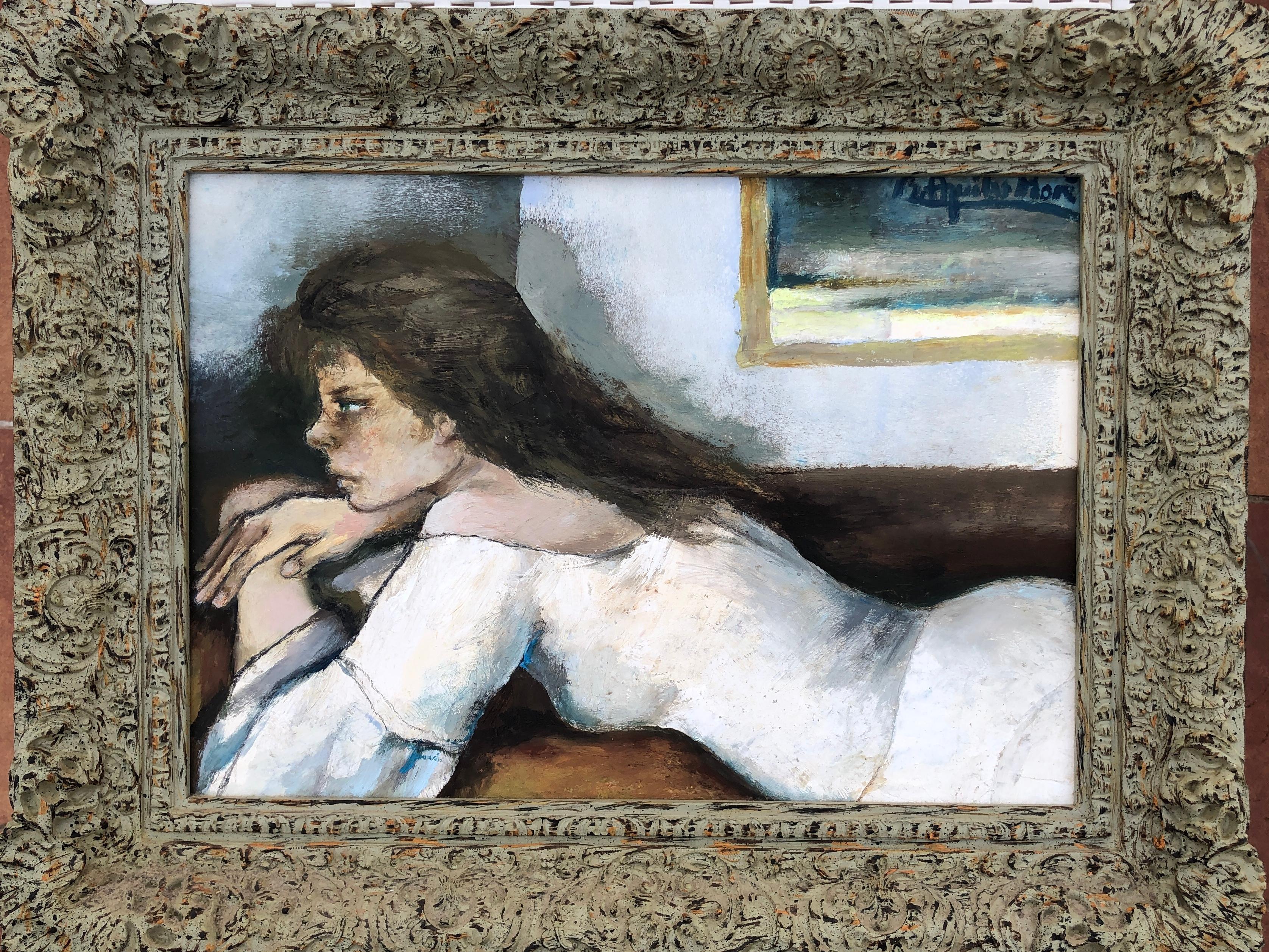 Young model original oil on board painting woman - Painting by Ramón Aguilar Moré