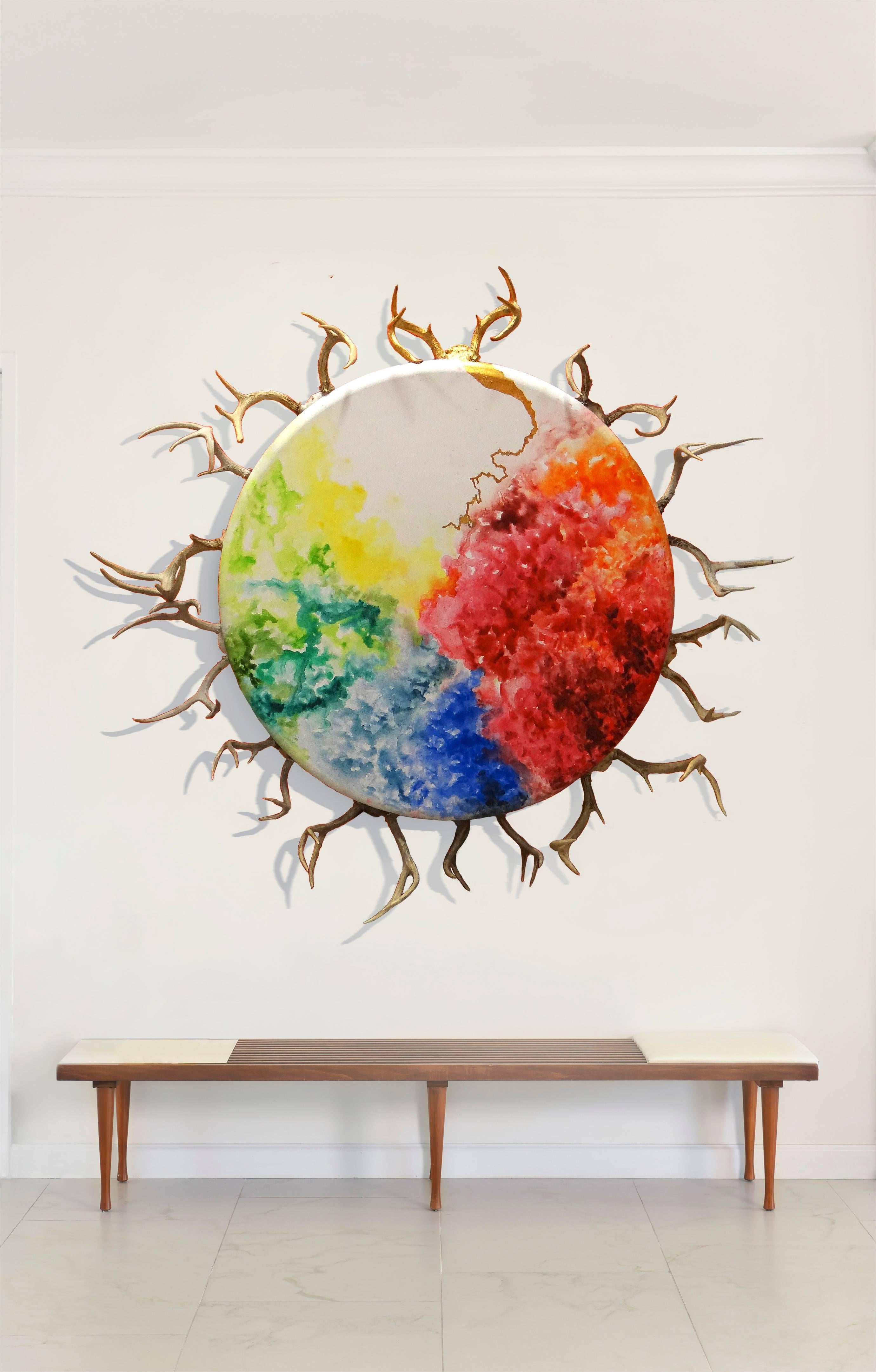 Circle of Life, Mixed Media on Canvas with Antlers, Large Size, 2014 – Mixed Media Art von Ramon Aular