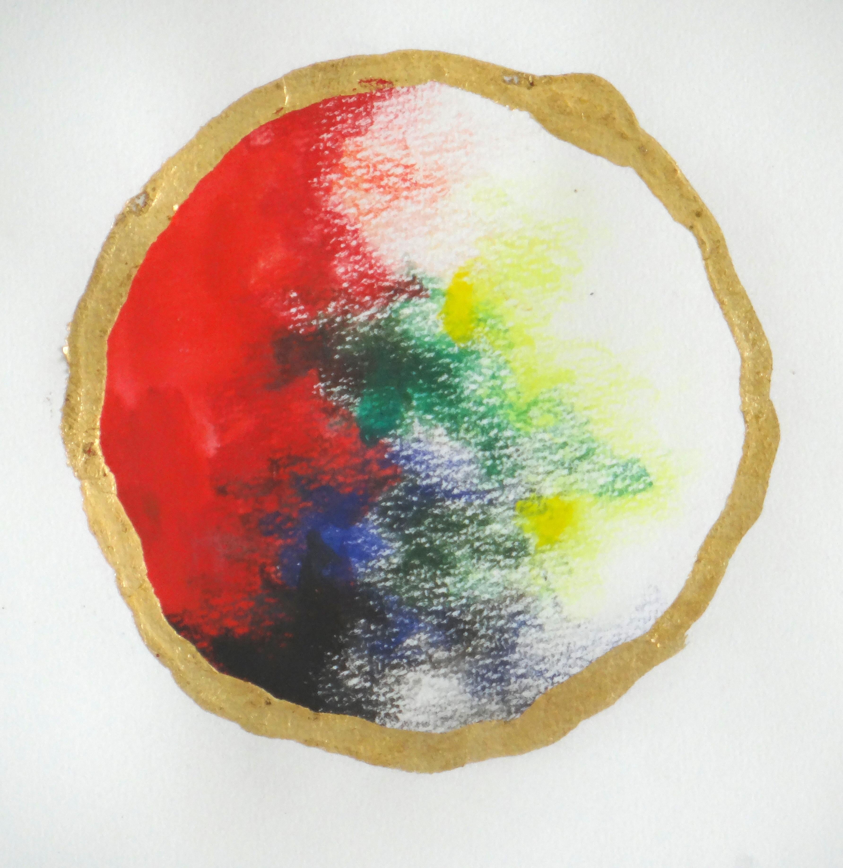 Circle of Life  by Ramon Aular 
Oil paint, watercolor, ink, acrylic paint, 18k gold leaf on paper
Paper Size: 8 in x 6 in
Signed, titled and dated on verso
Framed
2013
_______________________________
Ramon Aular was born in Valencia, Venezuela in