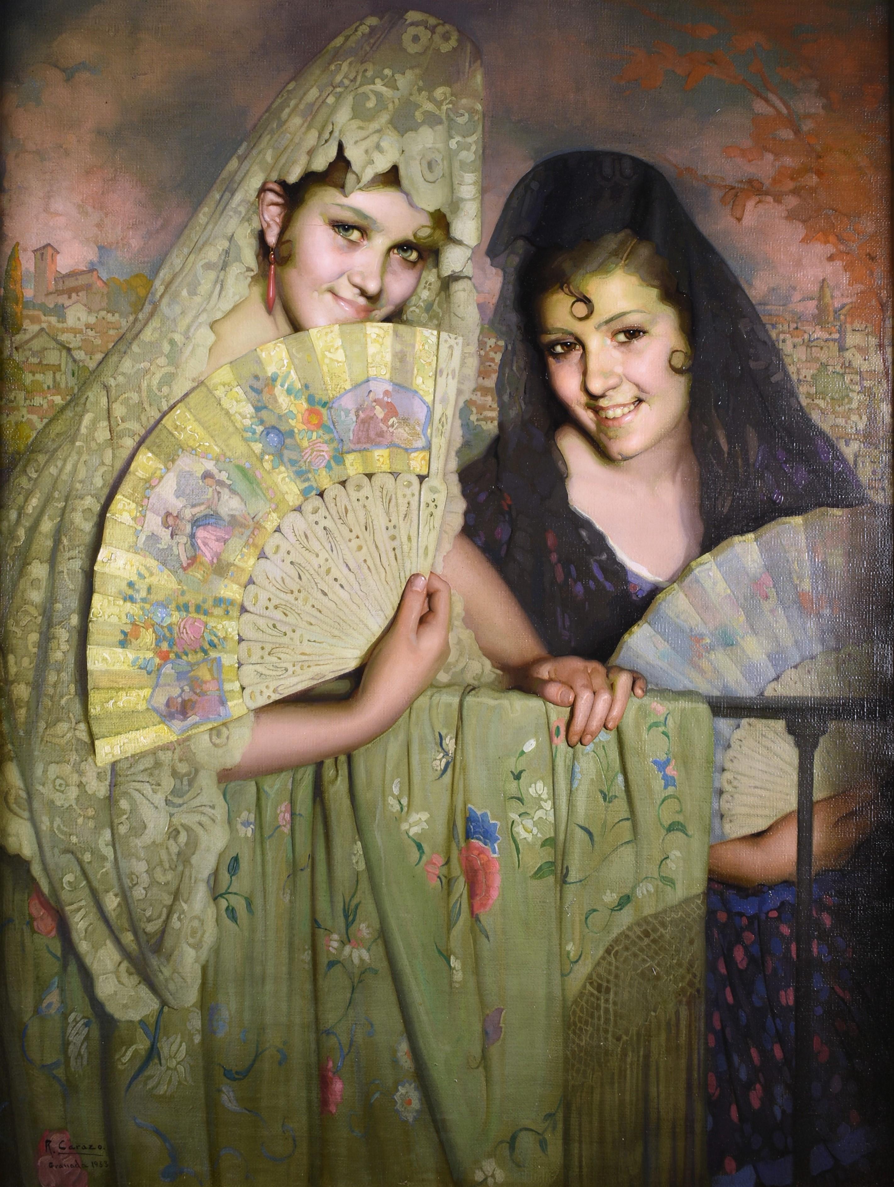 Spanish painting of two elegant women with fans in a party in Granada - Painting by Ramon Carazo Martinez